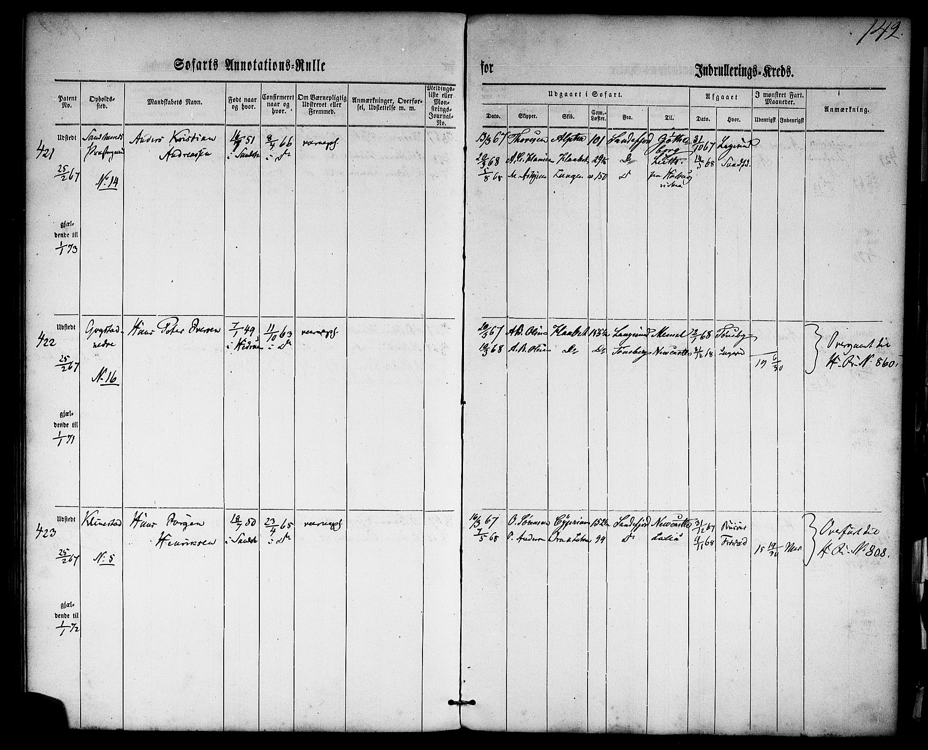 Sandefjord innrulleringskontor, AV/SAKO-A-788/F/Fa/L0001: Annotasjonsrulle, 1860-1868, p. 166