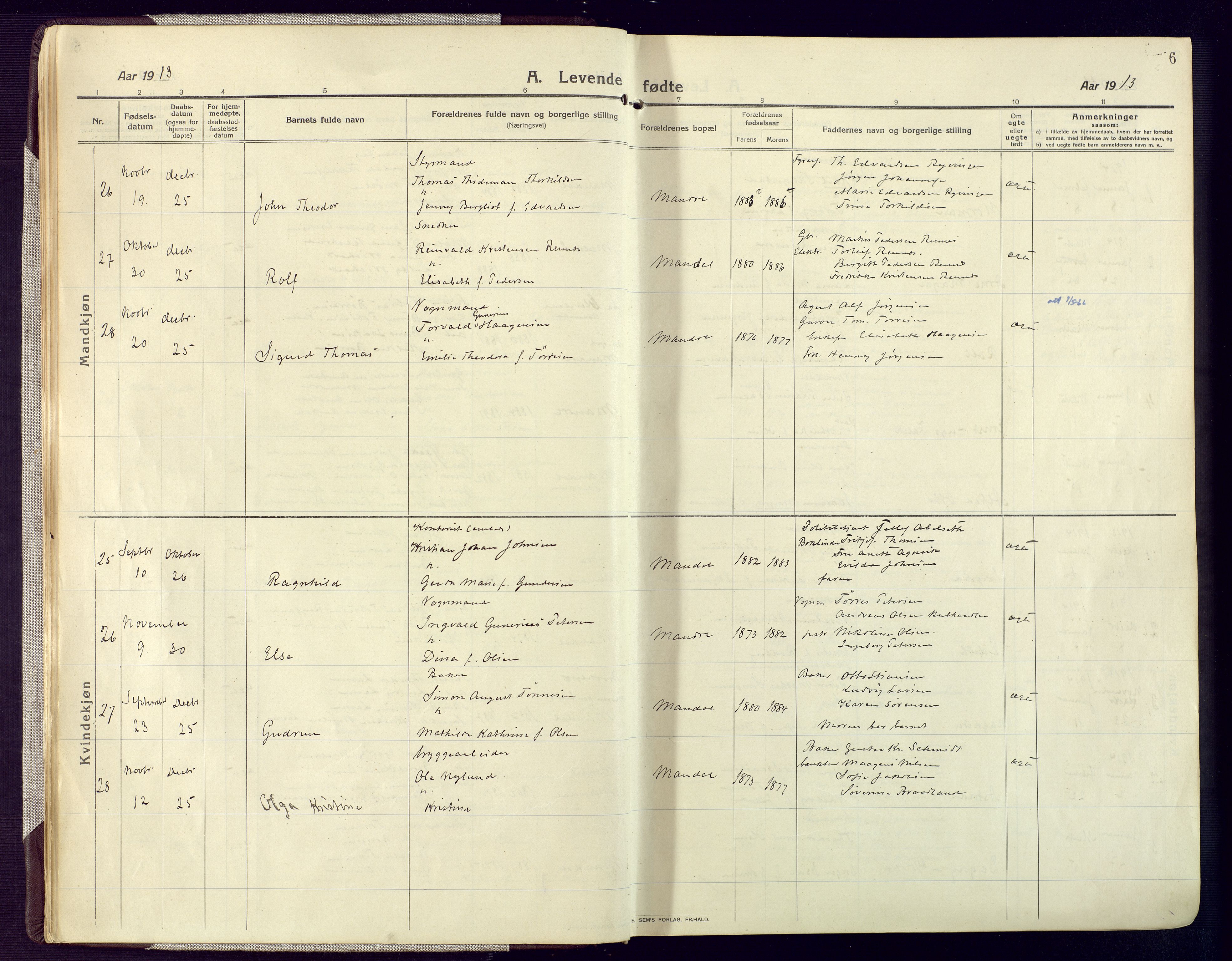 Mandal sokneprestkontor, SAK/1111-0030/F/Fa/Fac/L0001: Parish register (official) no. A 1, 1913-1925, p. 6