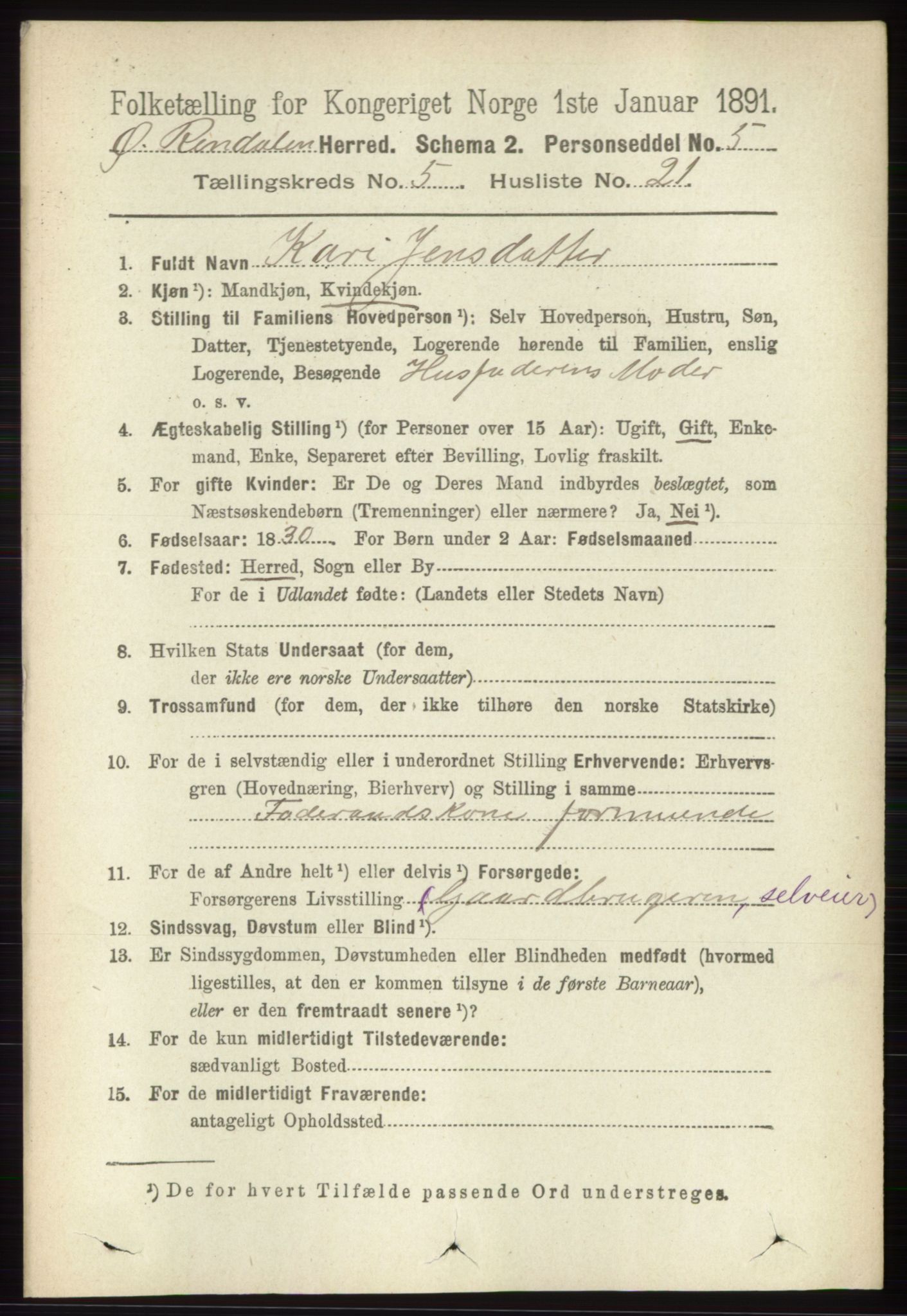 RA, 1891 census for 0433 Øvre Rendal, 1891, p. 1451