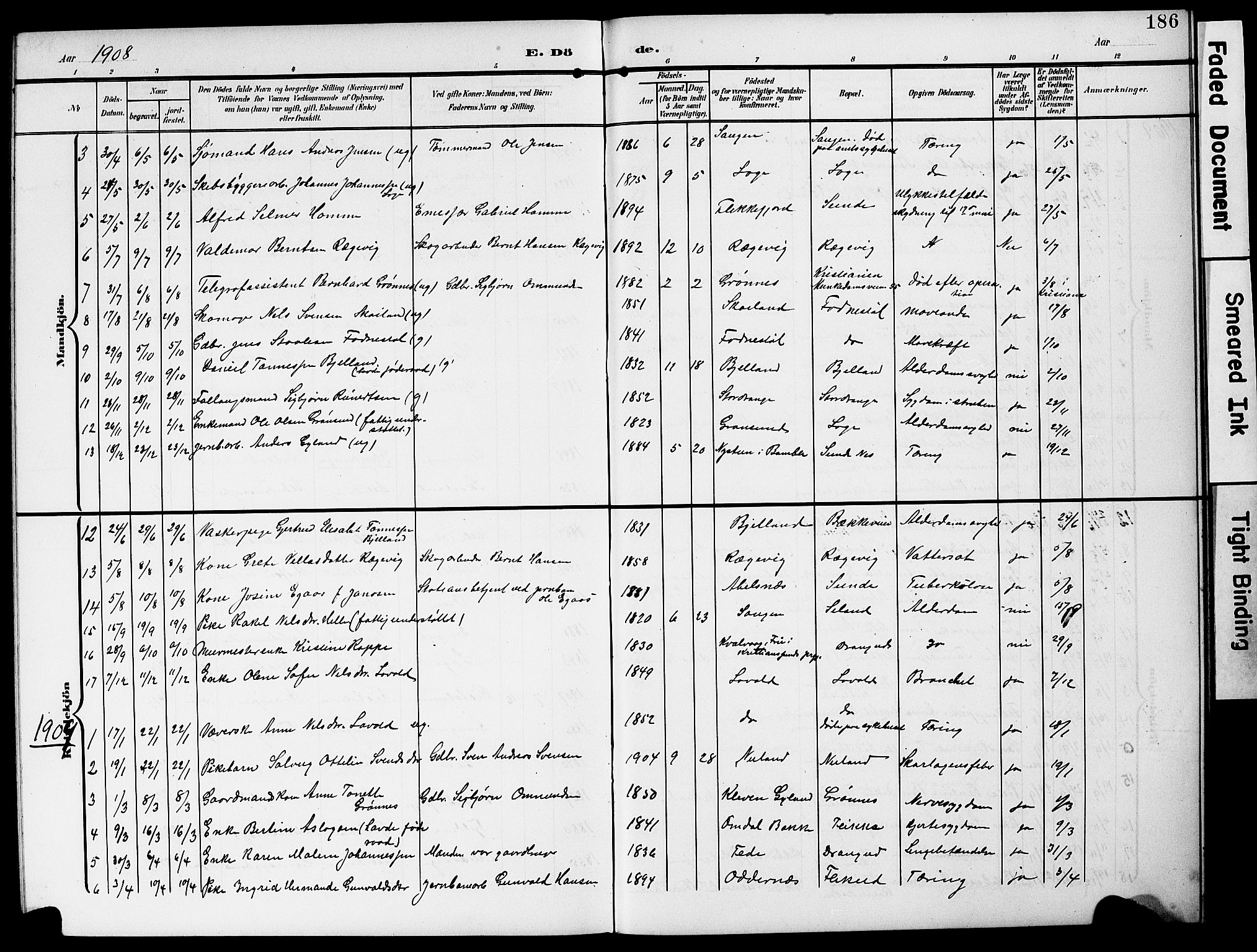 Flekkefjord sokneprestkontor, AV/SAK-1111-0012/F/Fb/Fbc/L0008: Parish register (copy) no. B 8, 1903-1931, p. 186