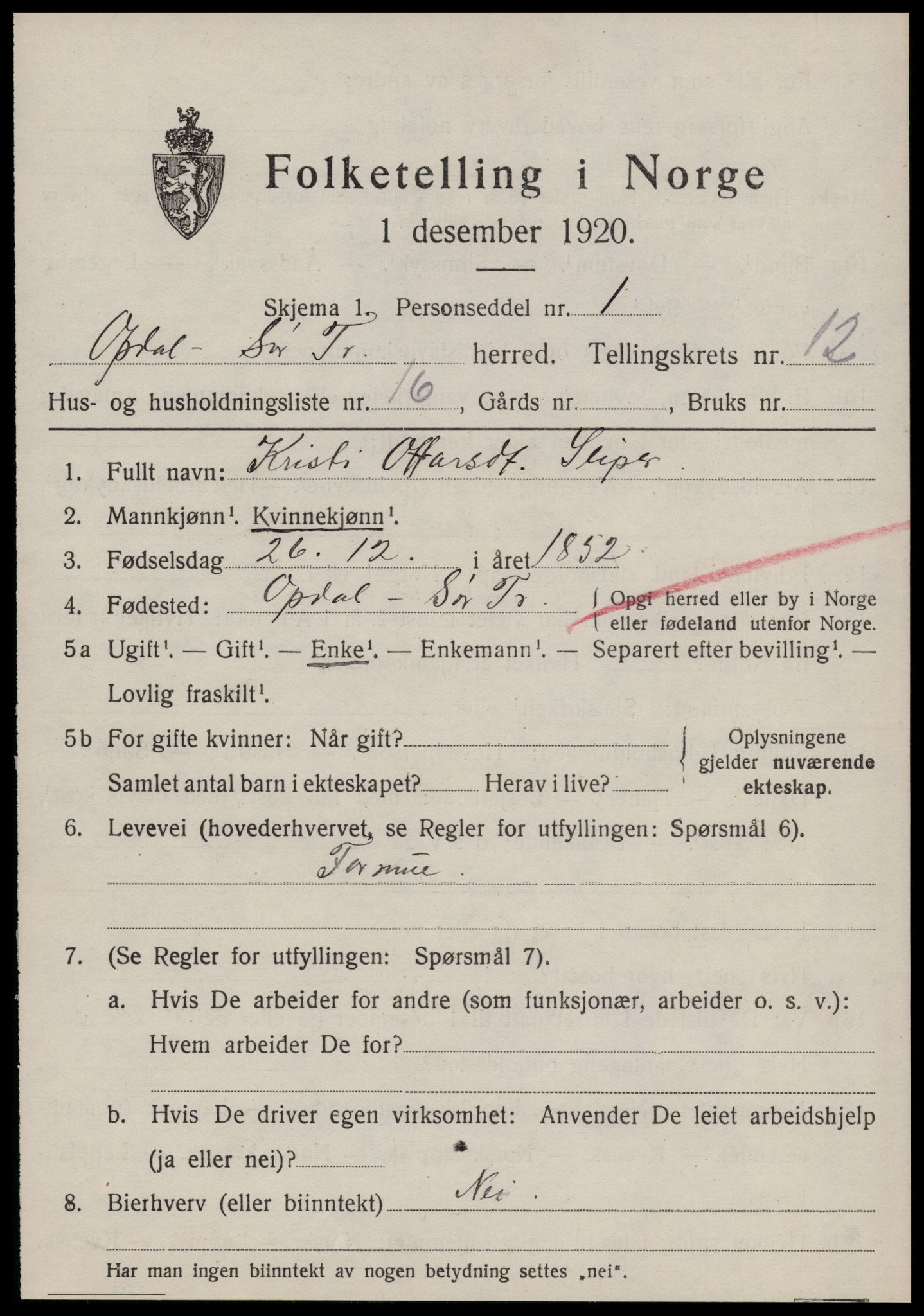 SAT, 1920 census for Oppdal, 1920, p. 10351