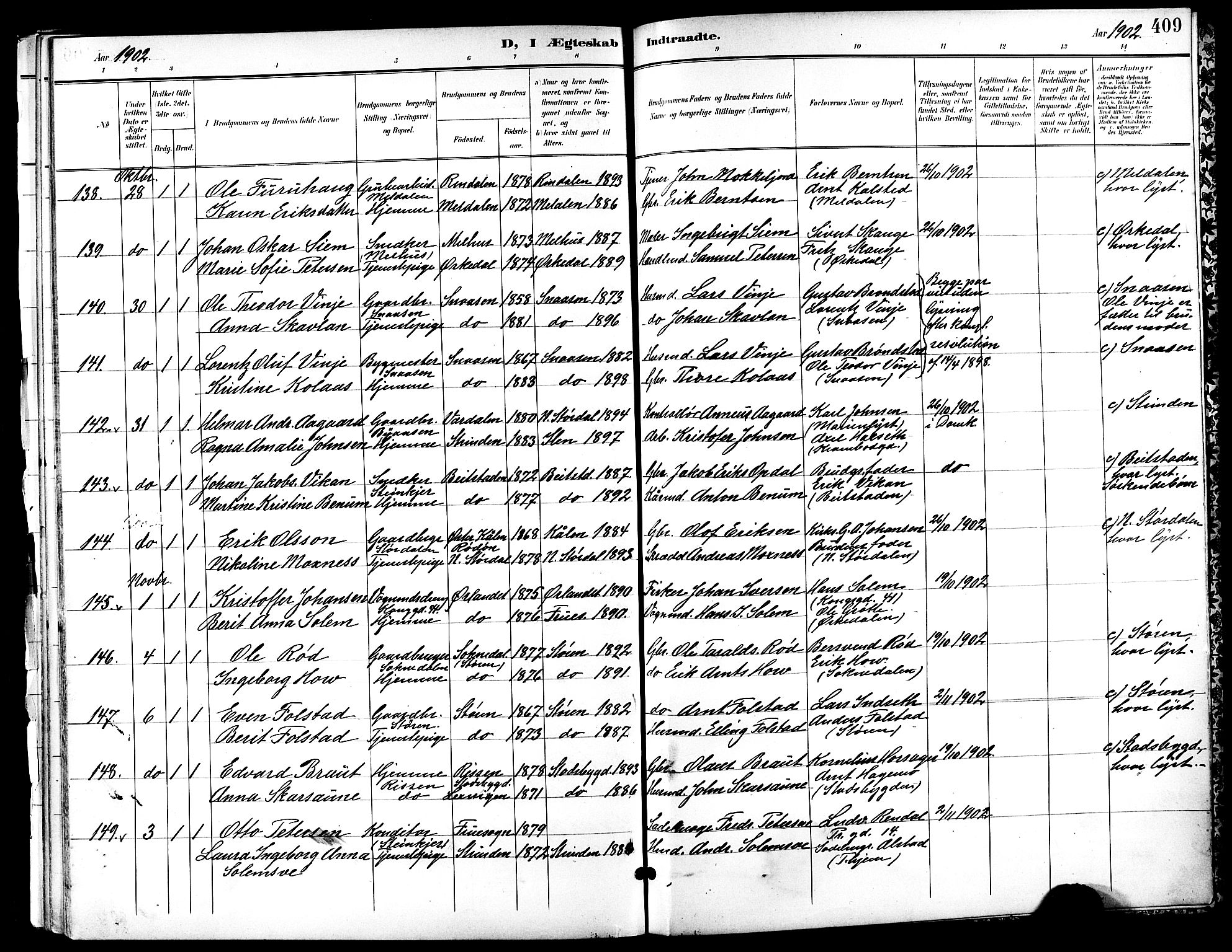 Ministerialprotokoller, klokkerbøker og fødselsregistre - Sør-Trøndelag, SAT/A-1456/601/L0094: Parish register (copy) no. 601C12, 1898-1911, p. 409