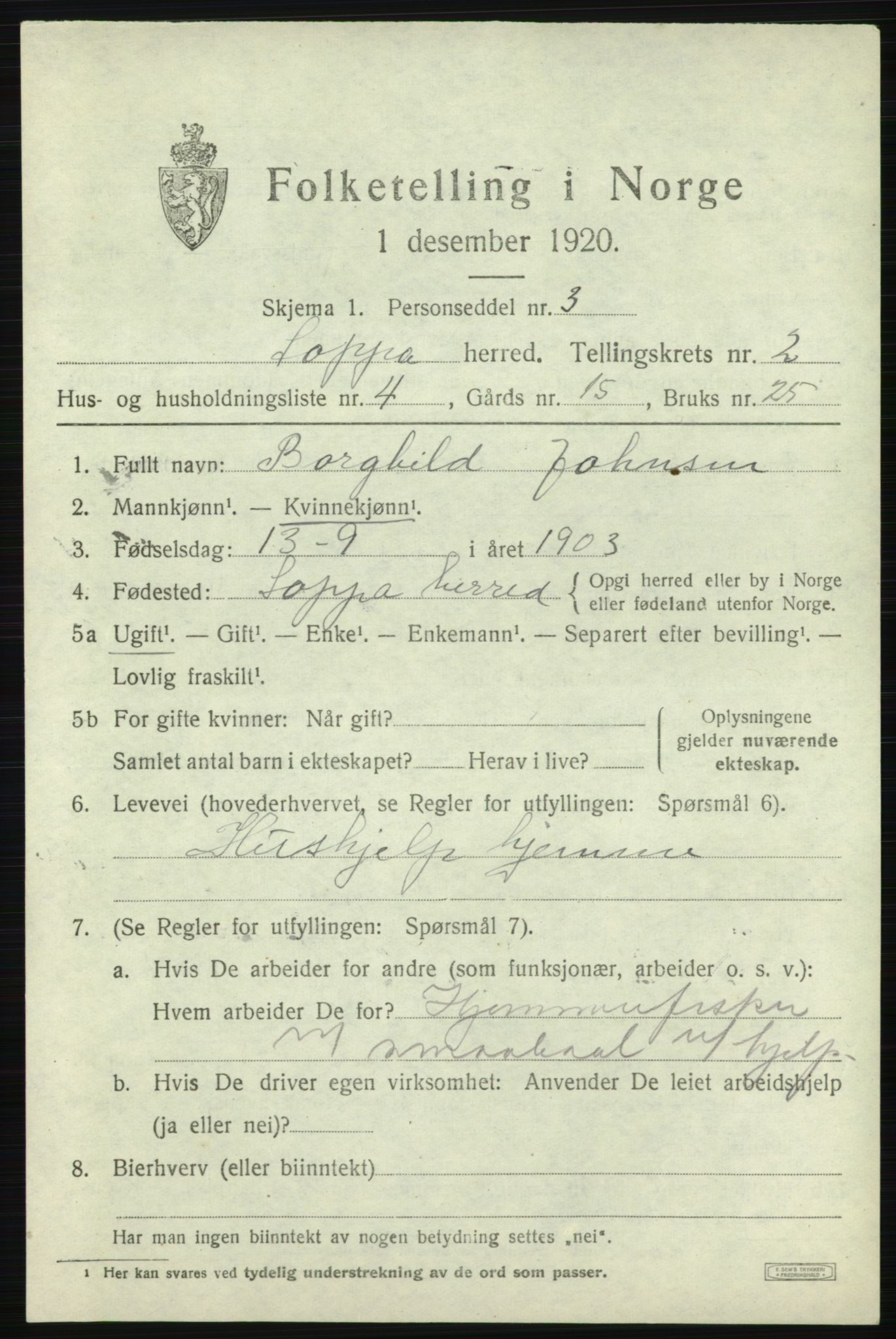 SATØ, 1920 census for Loppa, 1920, p. 852