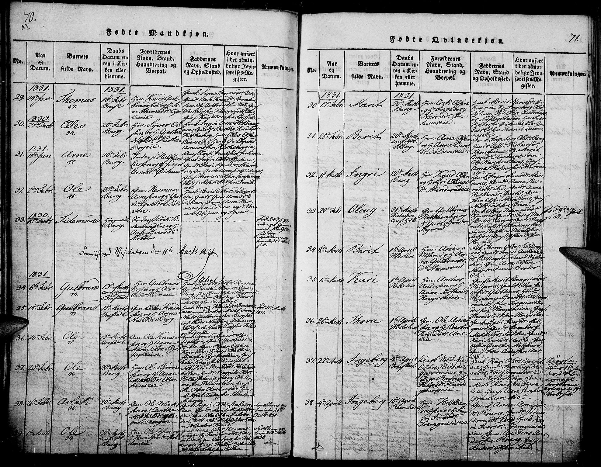 Sør-Aurdal prestekontor, AV/SAH-PREST-128/H/Ha/Haa/L0003: Parish register (official) no. 3, 1825-1840, p. 70-71