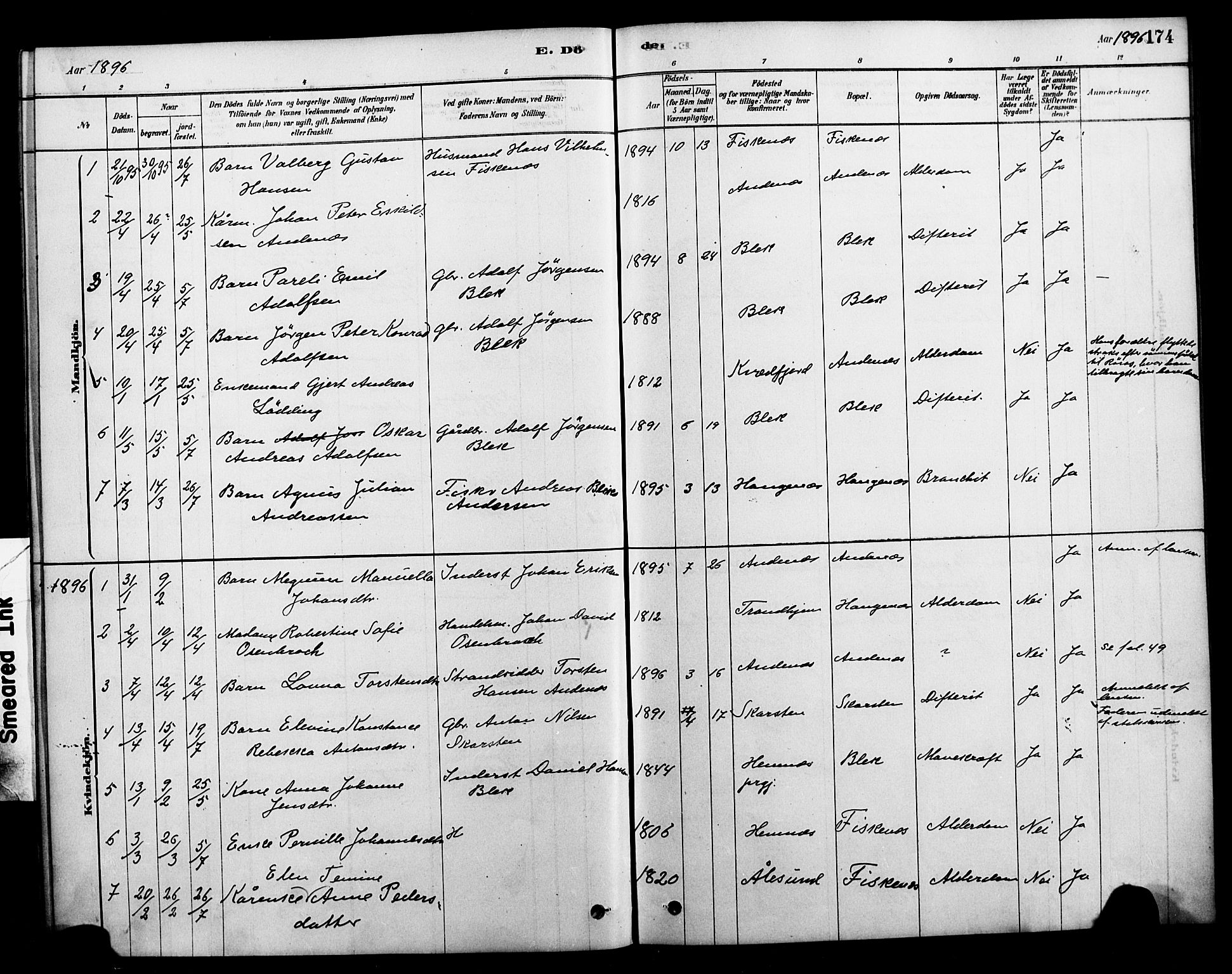 Ministerialprotokoller, klokkerbøker og fødselsregistre - Nordland, AV/SAT-A-1459/899/L1436: Parish register (official) no. 899A04, 1881-1896, p. 174