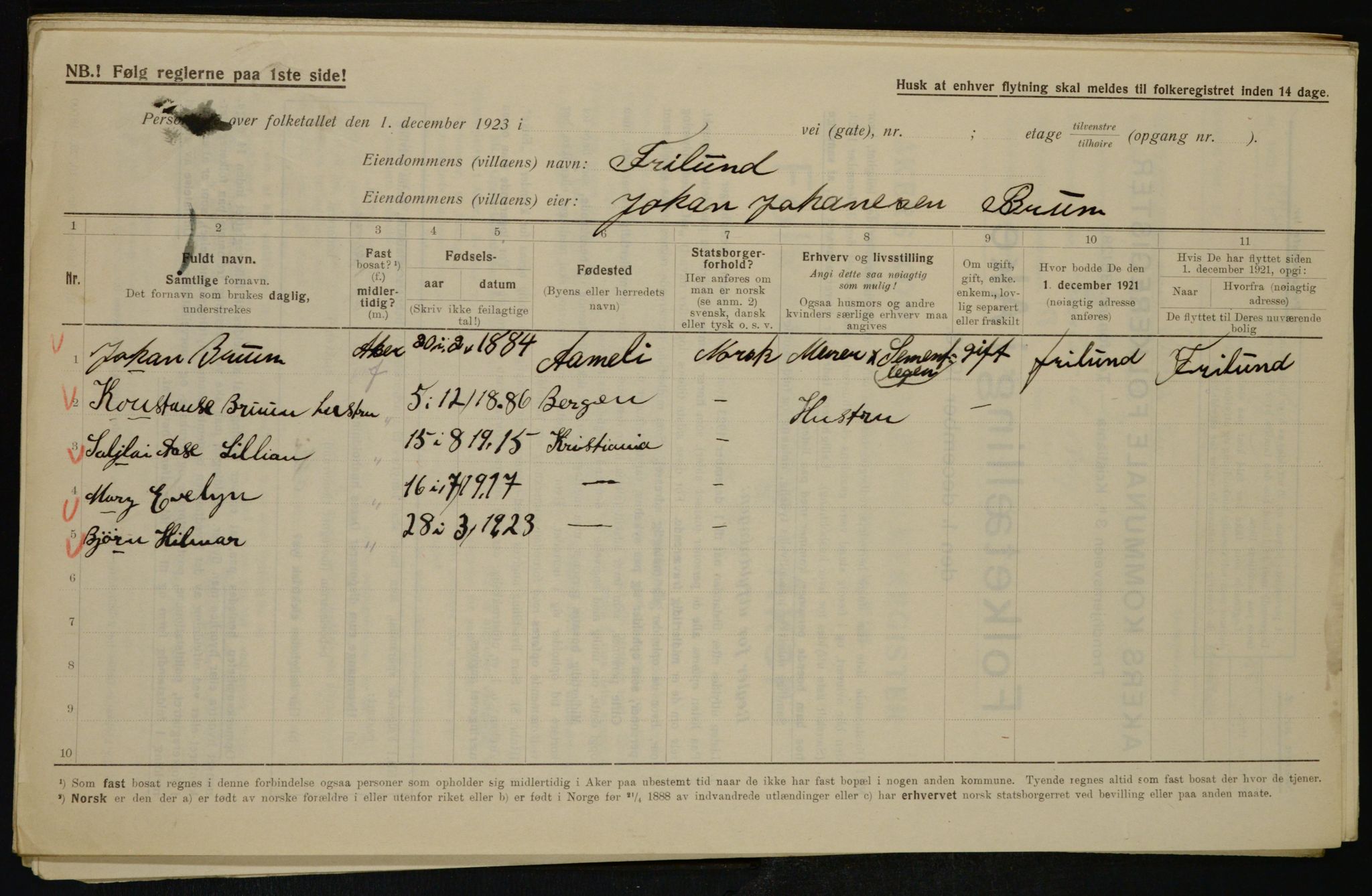 , Municipal Census 1923 for Aker, 1923, p. 43995