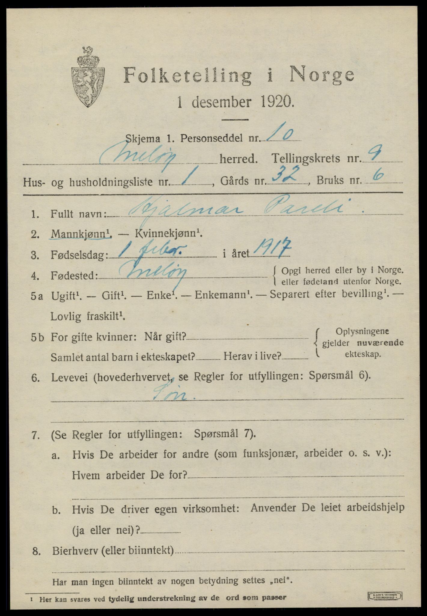 SAT, 1920 census for Meløy, 1920, p. 4421