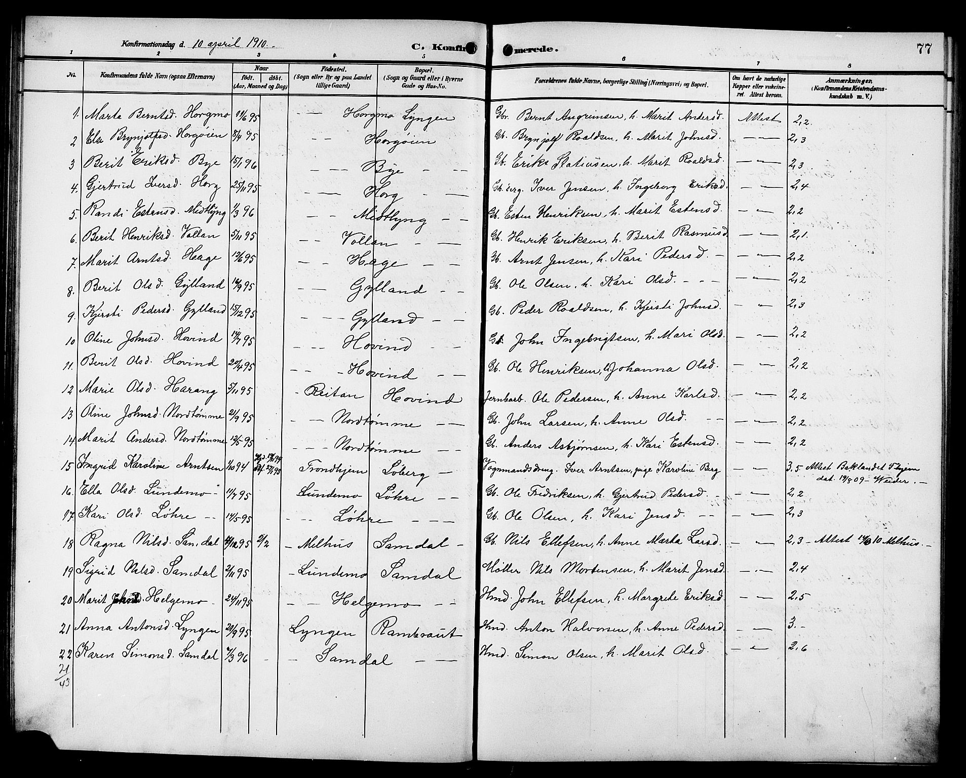 Ministerialprotokoller, klokkerbøker og fødselsregistre - Sør-Trøndelag, SAT/A-1456/692/L1112: Parish register (copy) no. 692C07, 1904-1918, p. 77