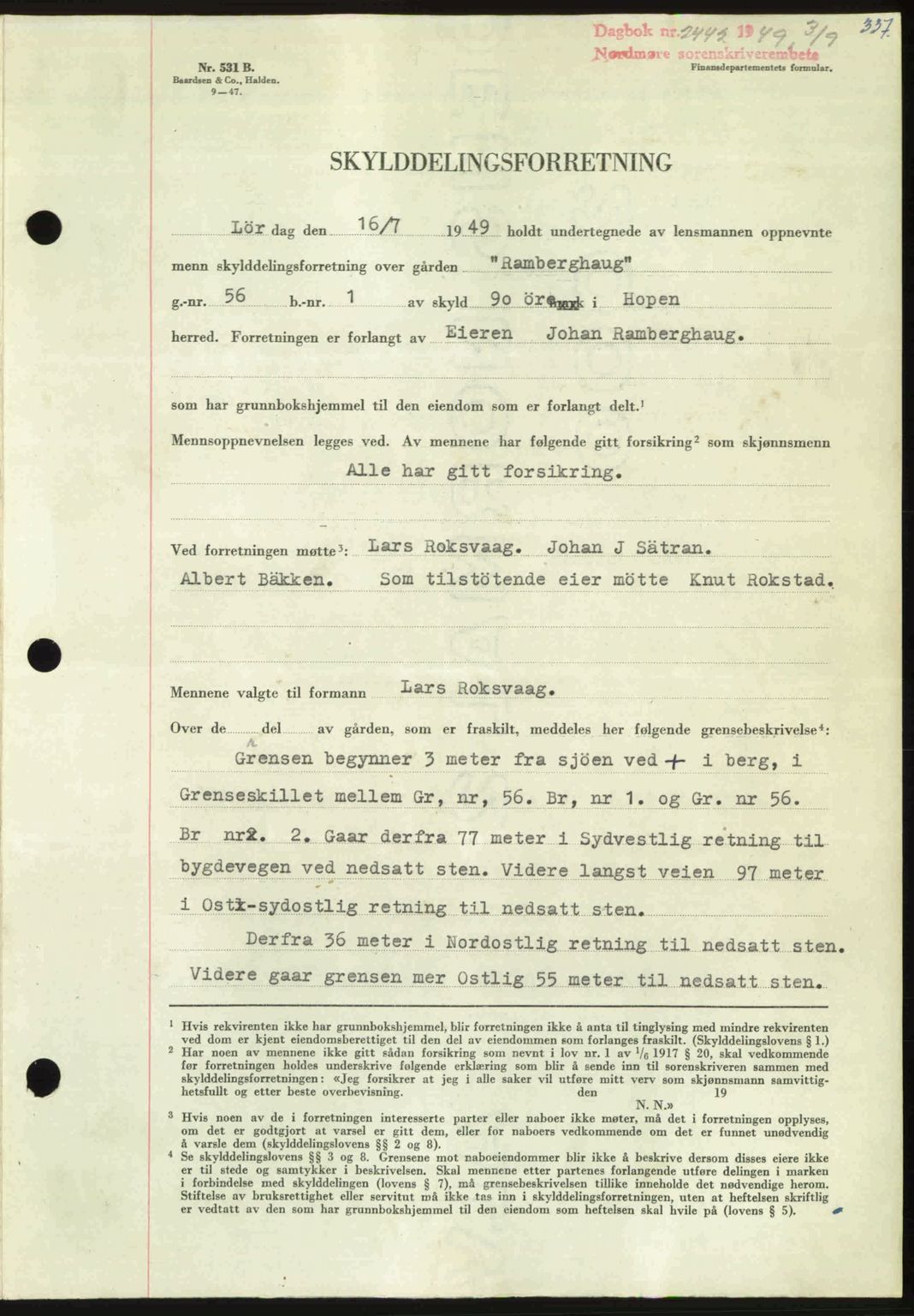 Nordmøre sorenskriveri, AV/SAT-A-4132/1/2/2Ca: Mortgage book no. A112, 1949-1949, Diary no: : 2442/1949