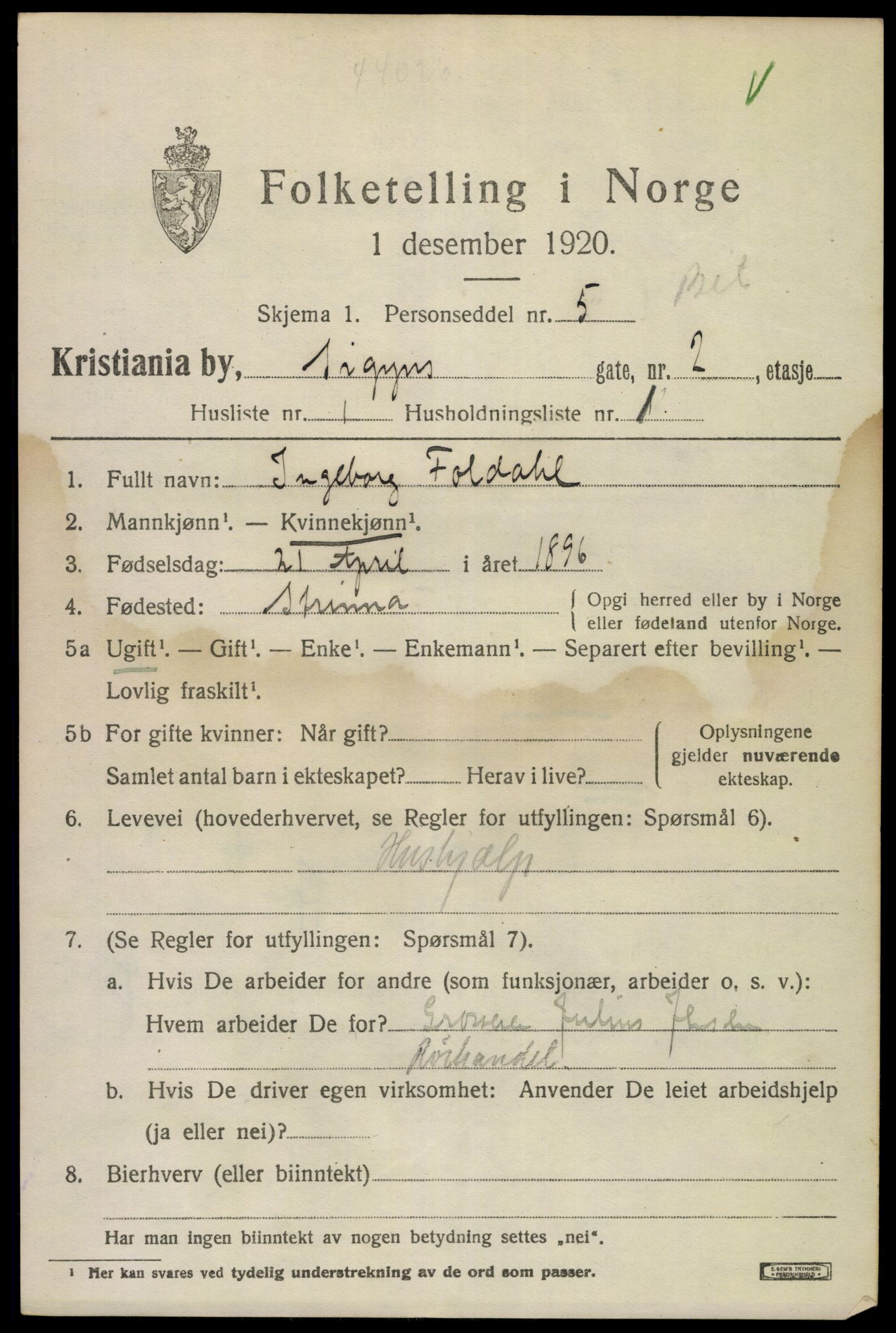 SAO, 1920 census for Kristiania, 1920, p. 511403