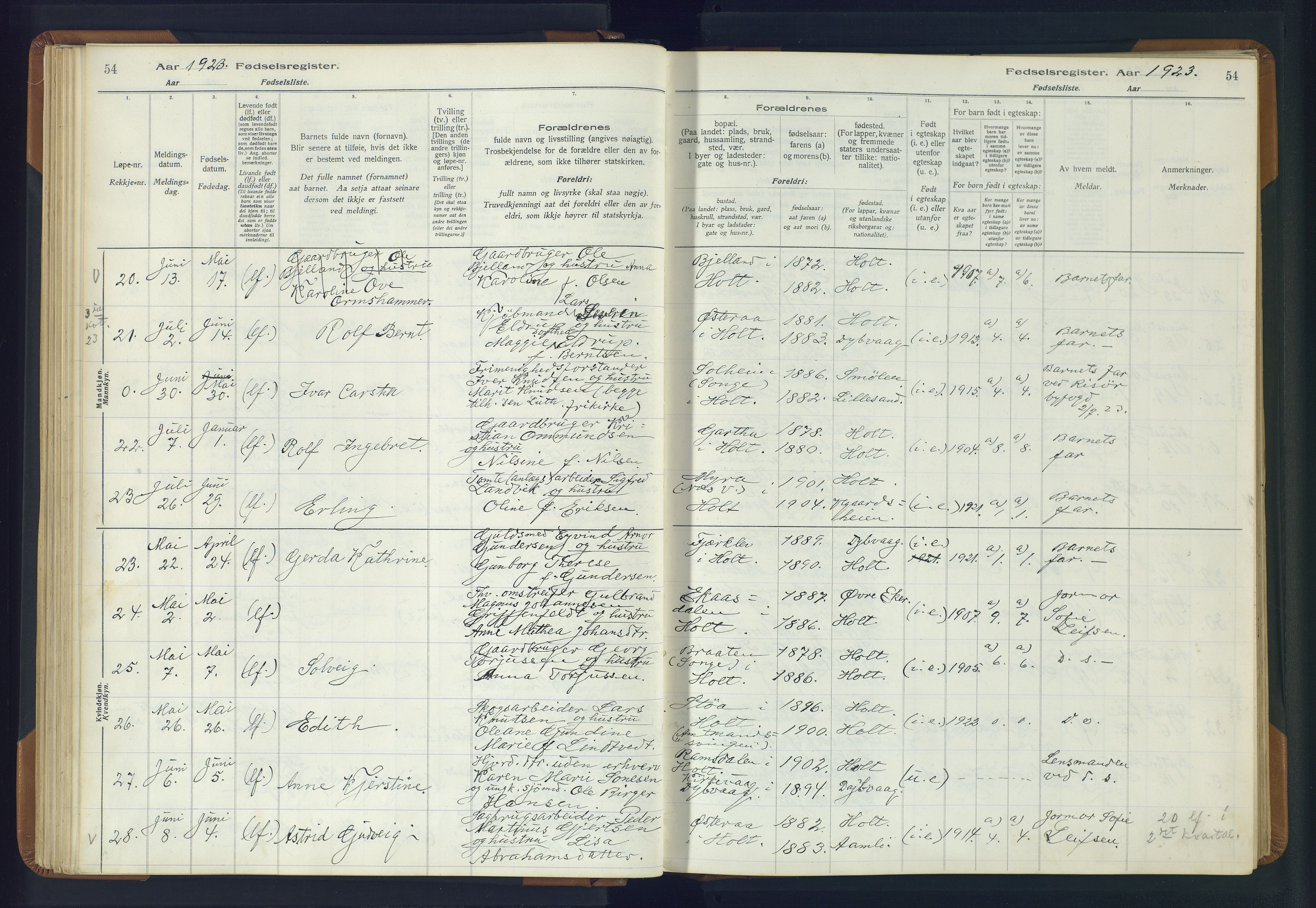 Holt sokneprestkontor, AV/SAK-1111-0021/J/Ja/L0001: Birth register no. II.4.1, 1916-1946, p. 54