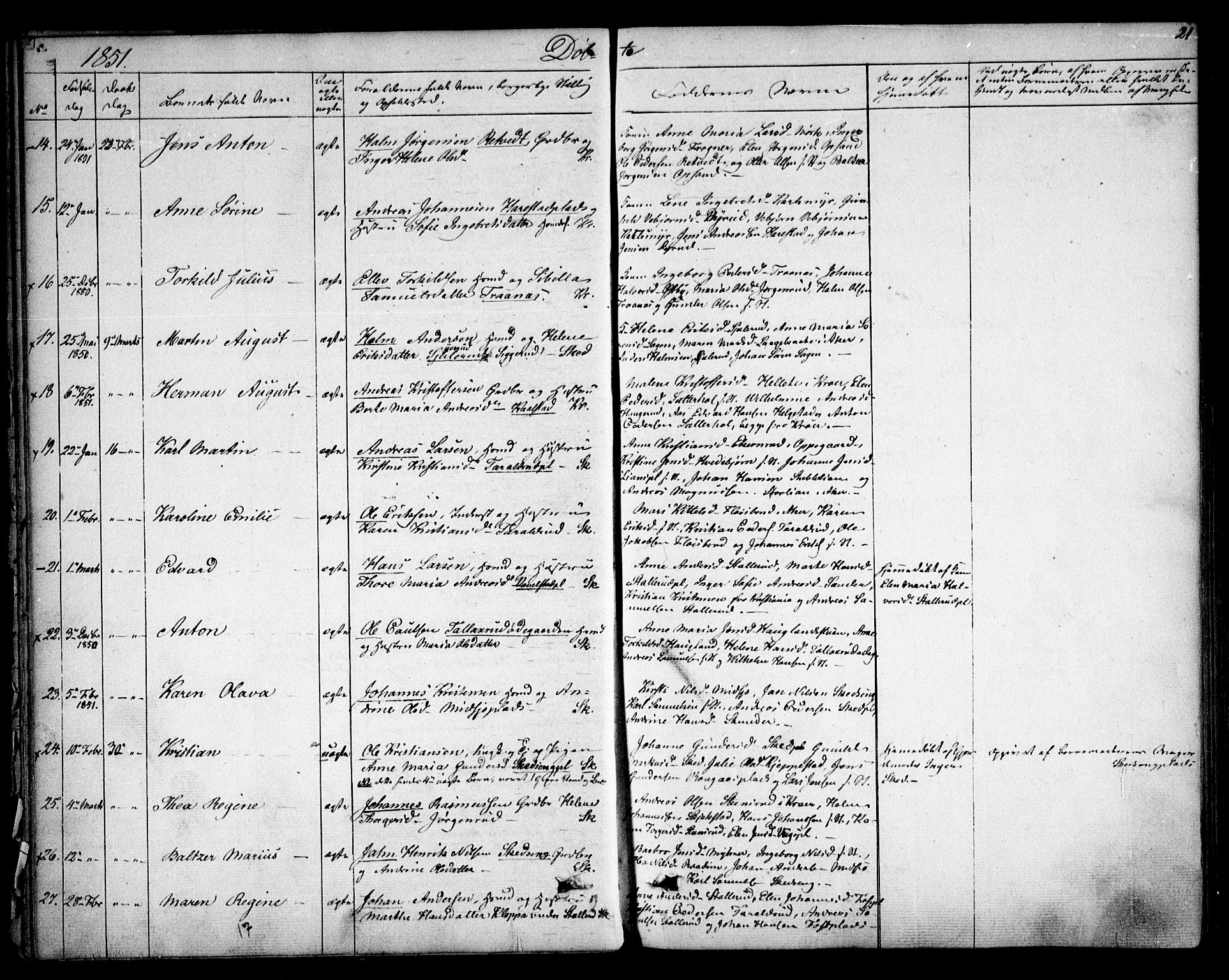 Kråkstad prestekontor Kirkebøker, SAO/A-10125a/F/Fa/L0006: Parish register (official) no. I 6, 1848-1857, p. 21