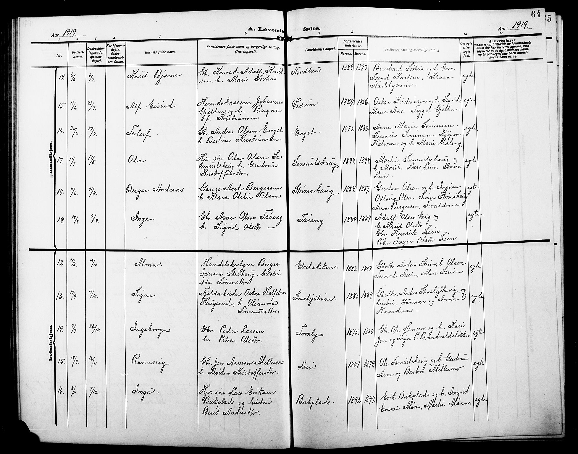 Alvdal prestekontor, SAH/PREST-060/H/Ha/Hab/L0005: Parish register (copy) no. 5, 1908-1923, p. 64