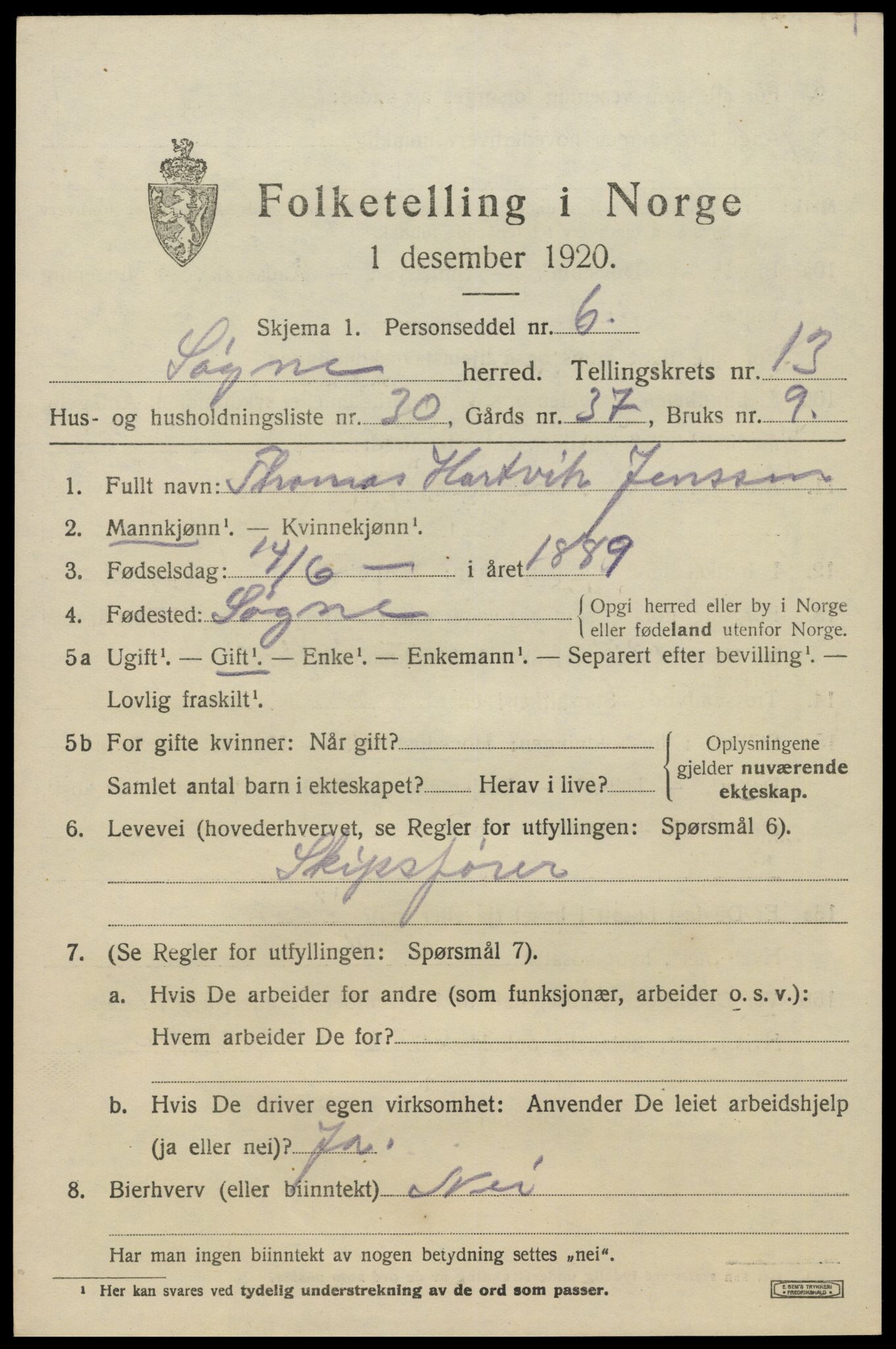 SAK, 1920 census for Søgne, 1920, p. 6741