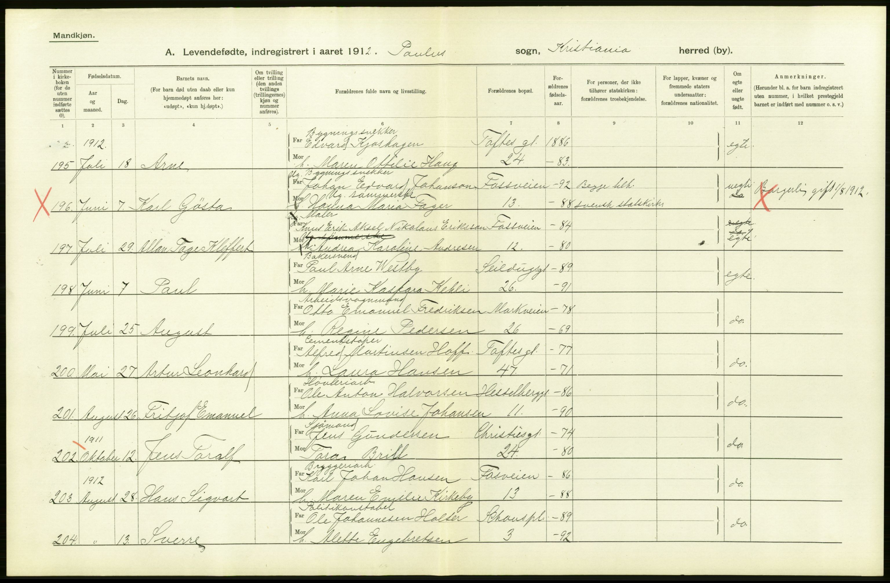 Statistisk sentralbyrå, Sosiodemografiske emner, Befolkning, RA/S-2228/D/Df/Dfb/Dfbb/L0006: Kristiania:  Levendefødte menn og kvinner., 1912, p. 168