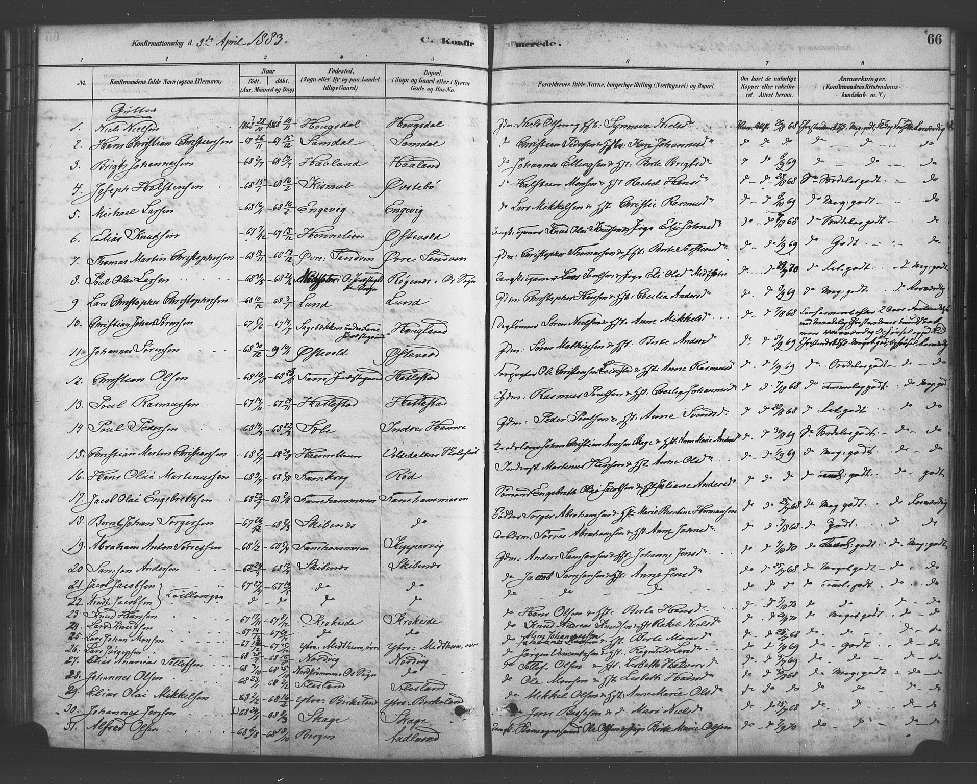 Fana Sokneprestembete, SAB/A-75101/H/Haa/Haab/L0001: Parish register (official) no. B 1, 1878-1889, p. 66