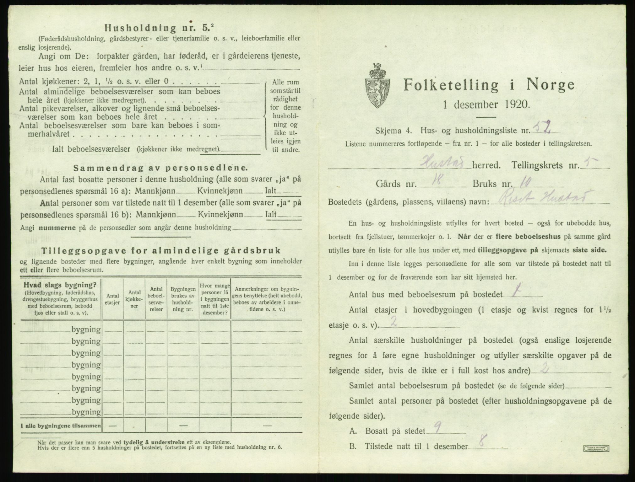 SAT, 1920 census for Hustad, 1920, p. 595