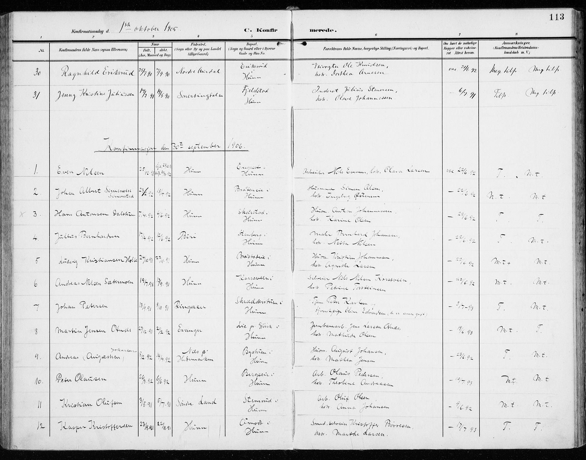 Vardal prestekontor, SAH/PREST-100/H/Ha/Haa/L0016: Parish register (official) no. 16, 1904-1916, p. 113