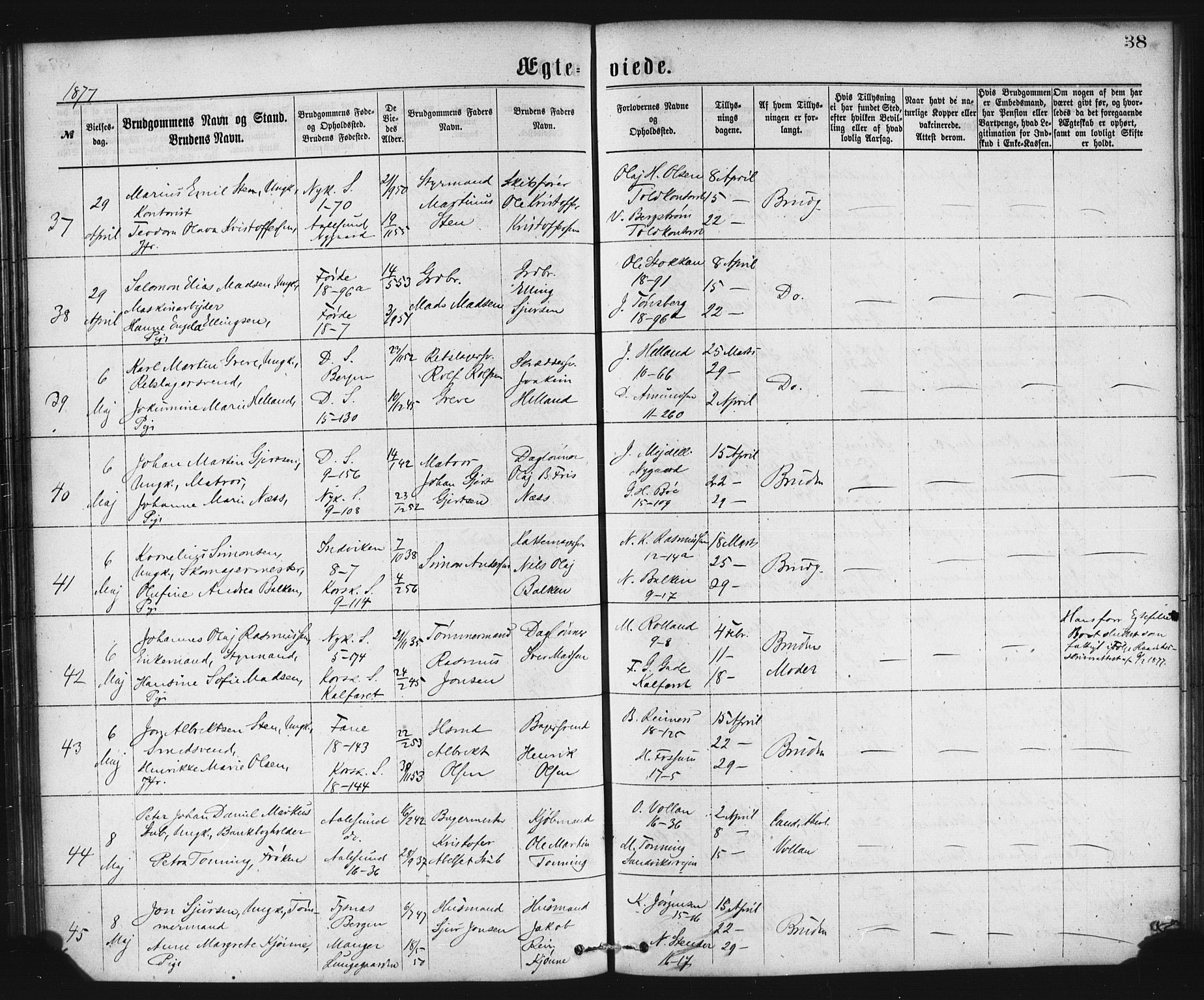 Domkirken sokneprestembete, SAB/A-74801/H/Haa/L0036: Parish register (official) no. D 3, 1875-1880, p. 38