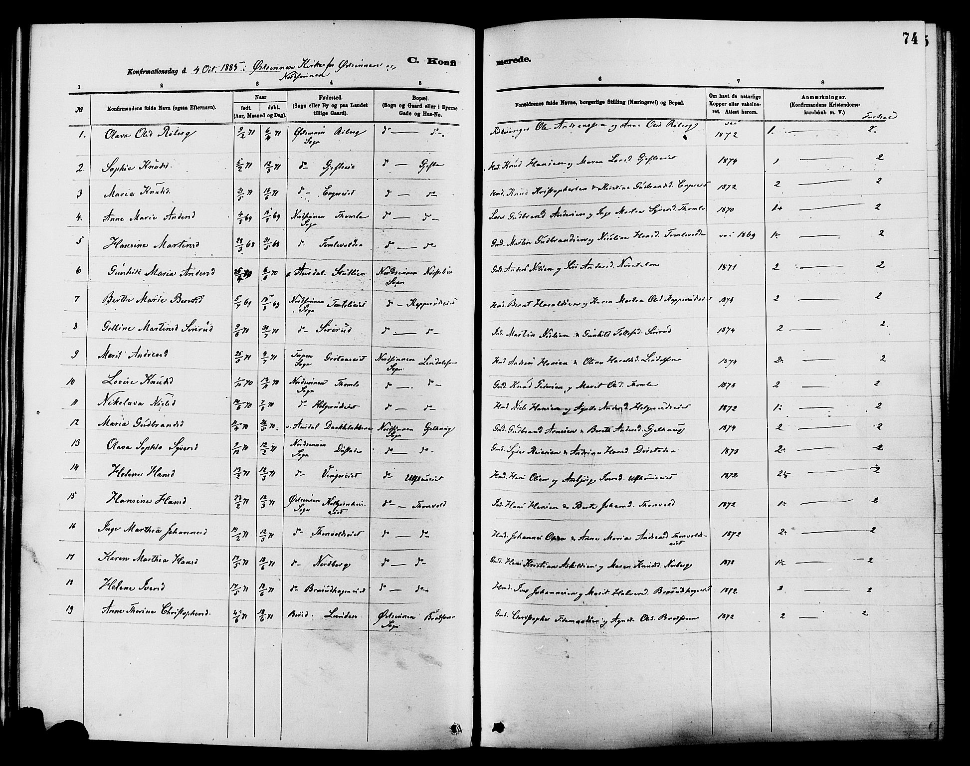 Nordre Land prestekontor, SAH/PREST-124/H/Ha/Haa/L0003: Parish register (official) no. 3, 1882-1896, p. 74