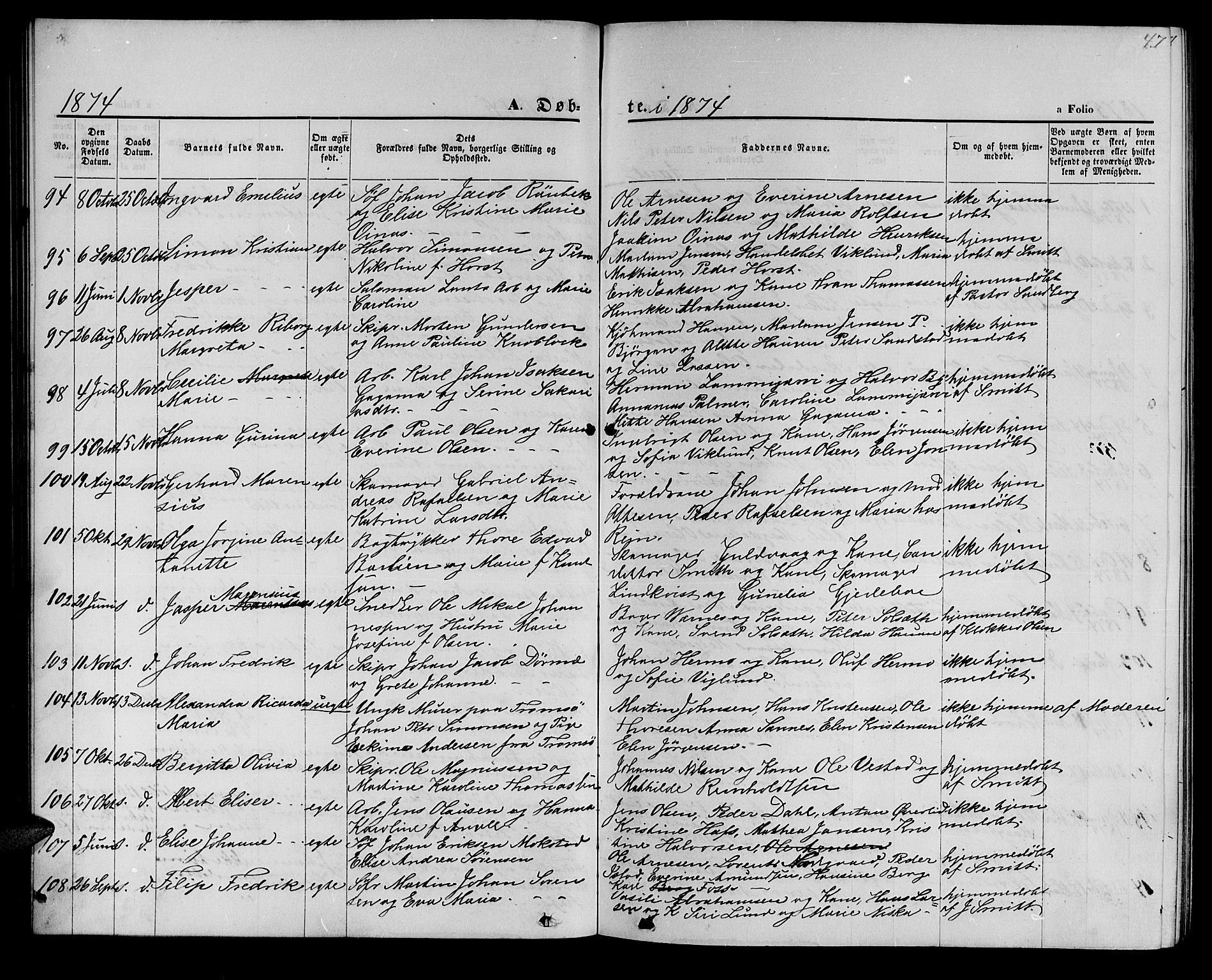 Hammerfest sokneprestkontor, AV/SATØ-S-1347/H/Hb/L0004.klokk: Parish register (copy) no. 4, 1869-1877, p. 47