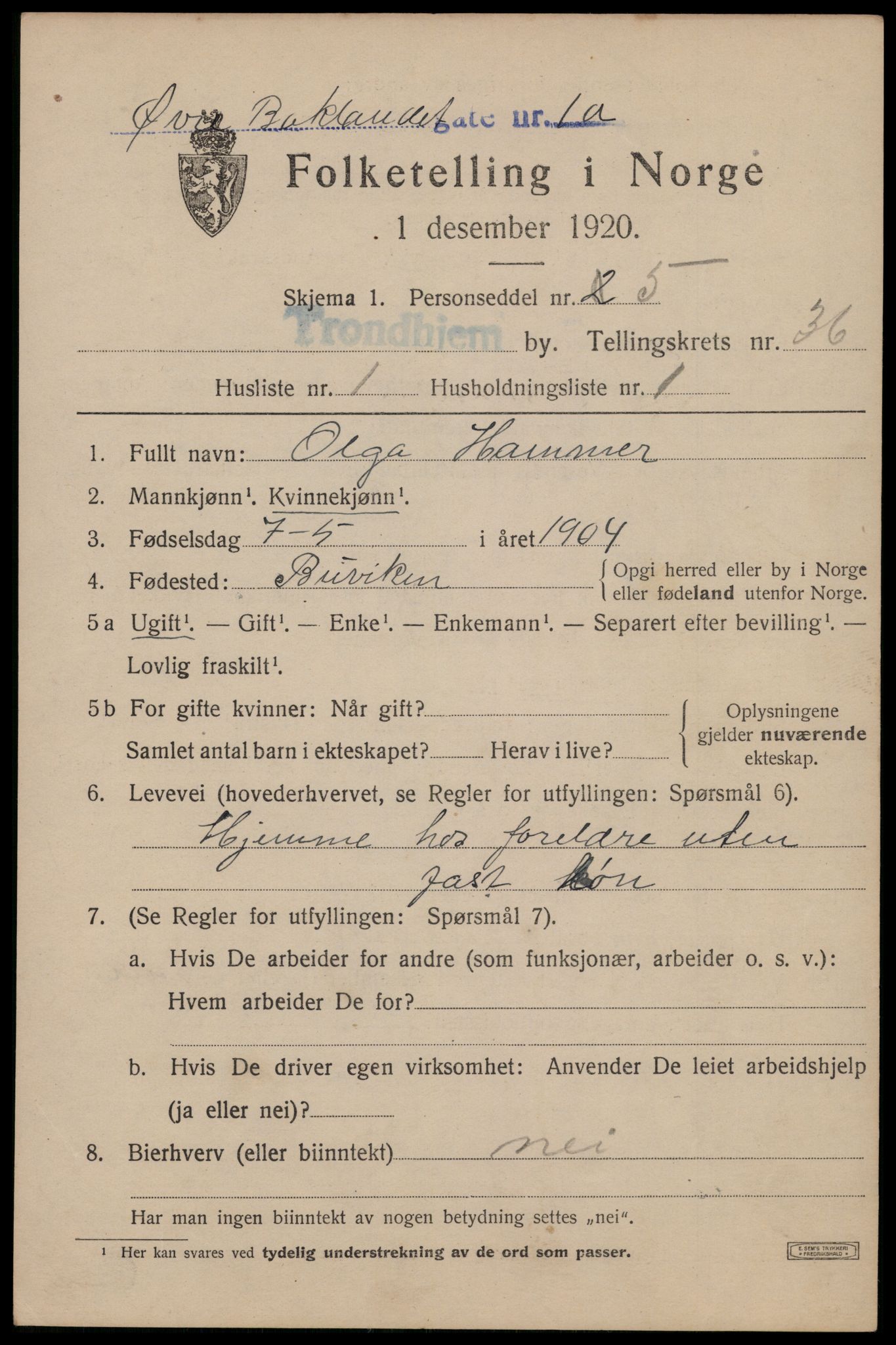 SAT, 1920 census for Trondheim, 1920, p. 82868