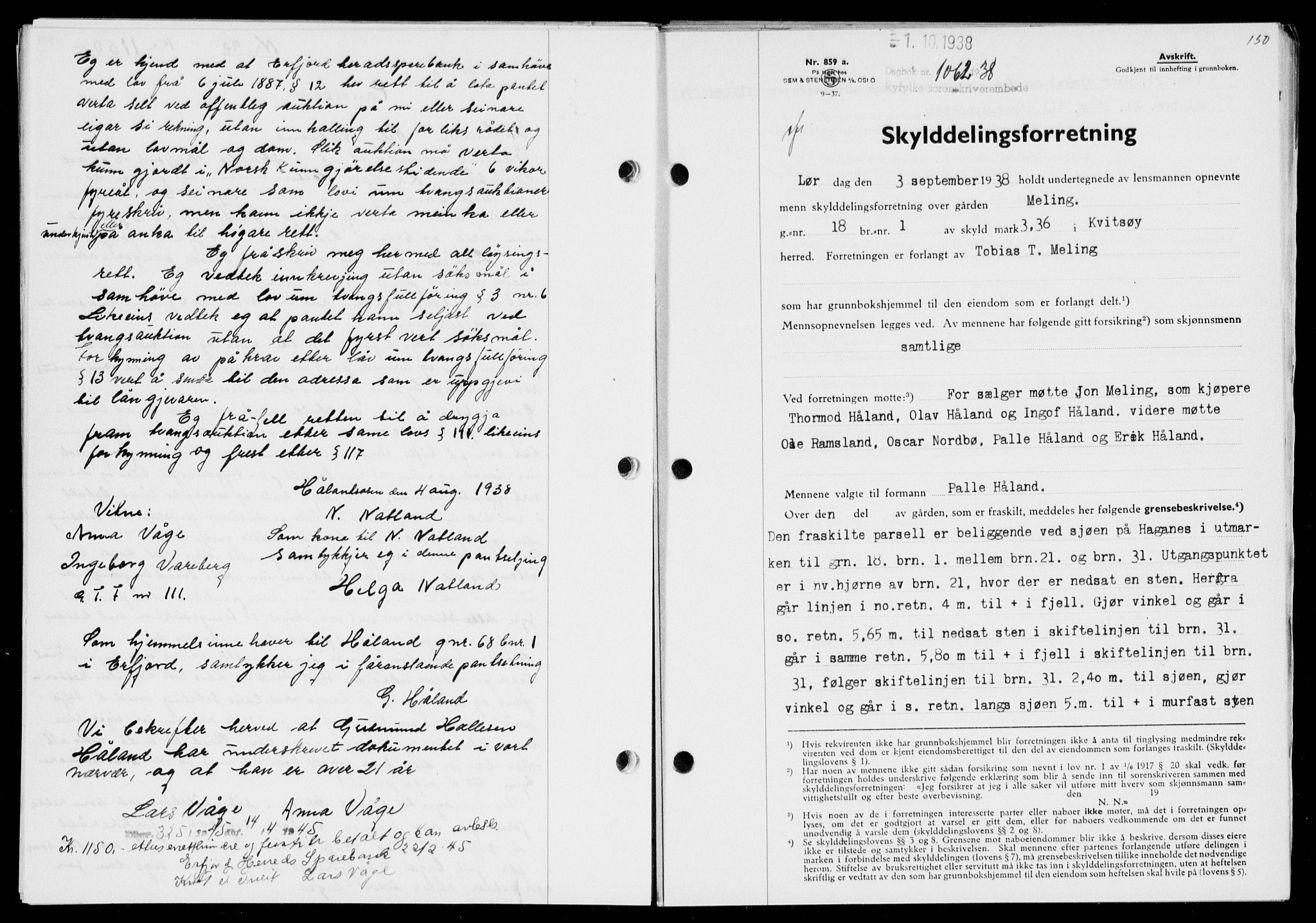 Ryfylke tingrett, SAST/A-100055/001/II/IIB/L0078: Mortgage book no. 57, 1938-1938, Diary no: : 1062/1938