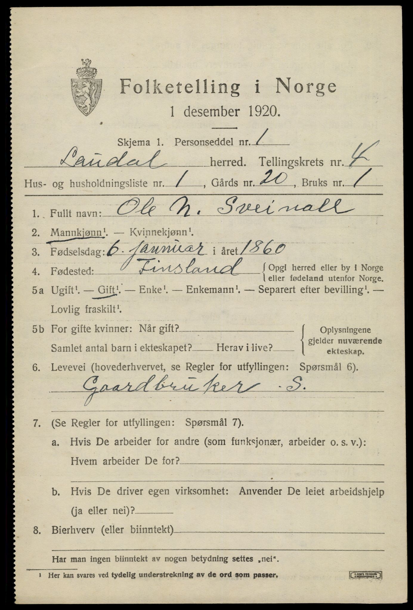 SAK, 1920 census for Laudal, 1920, p. 1380