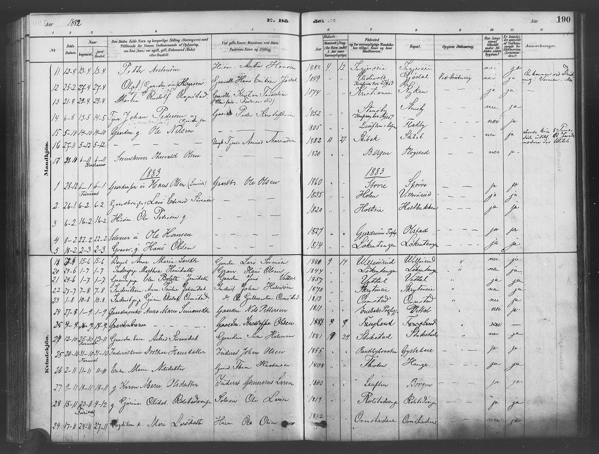 Ullensaker prestekontor Kirkebøker, AV/SAO-A-10236a/F/Fa/L0019: Parish register (official) no. I 19, 1878-1891, p. 190