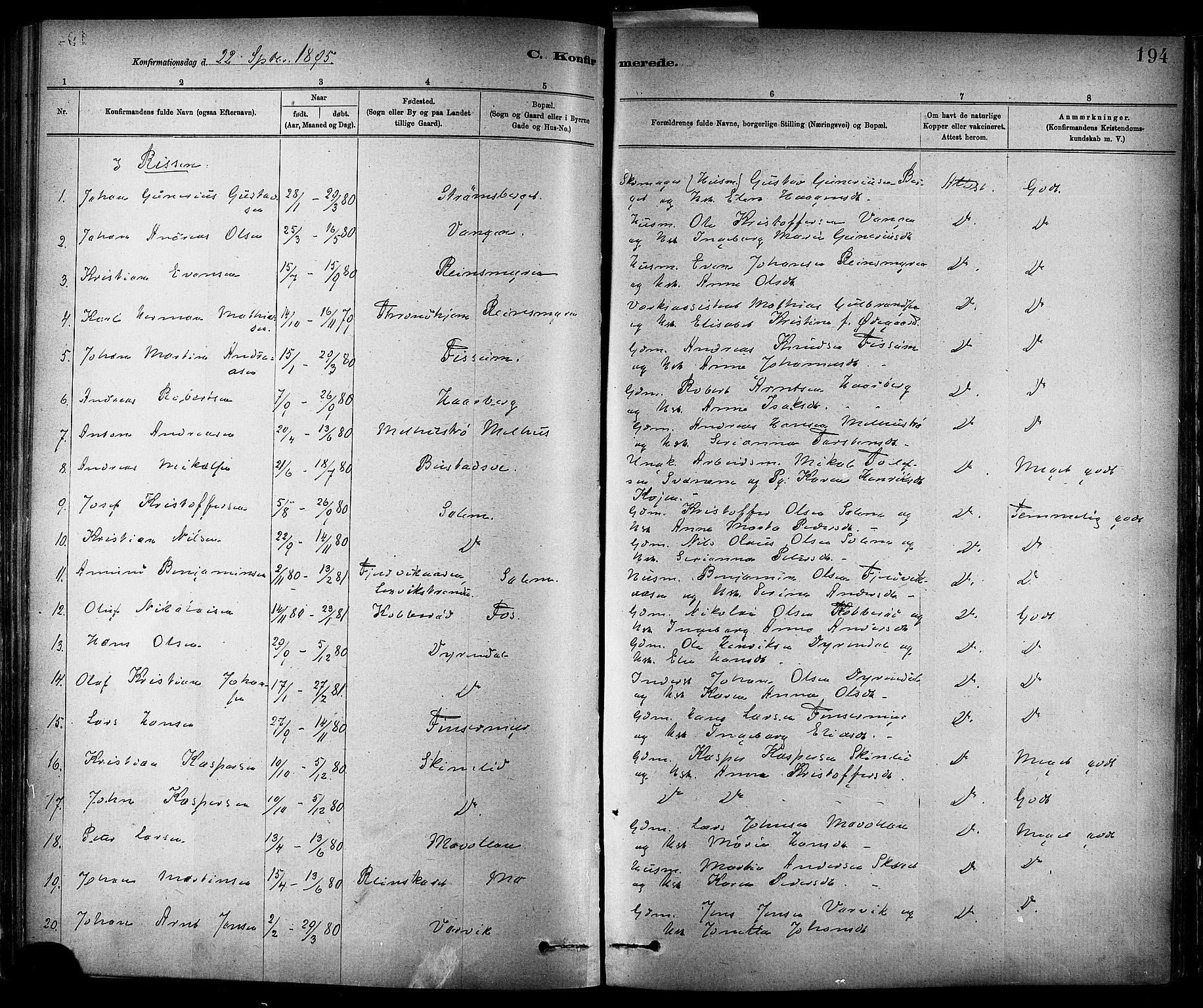 Ministerialprotokoller, klokkerbøker og fødselsregistre - Sør-Trøndelag, SAT/A-1456/647/L0634: Parish register (official) no. 647A01, 1885-1896, p. 194