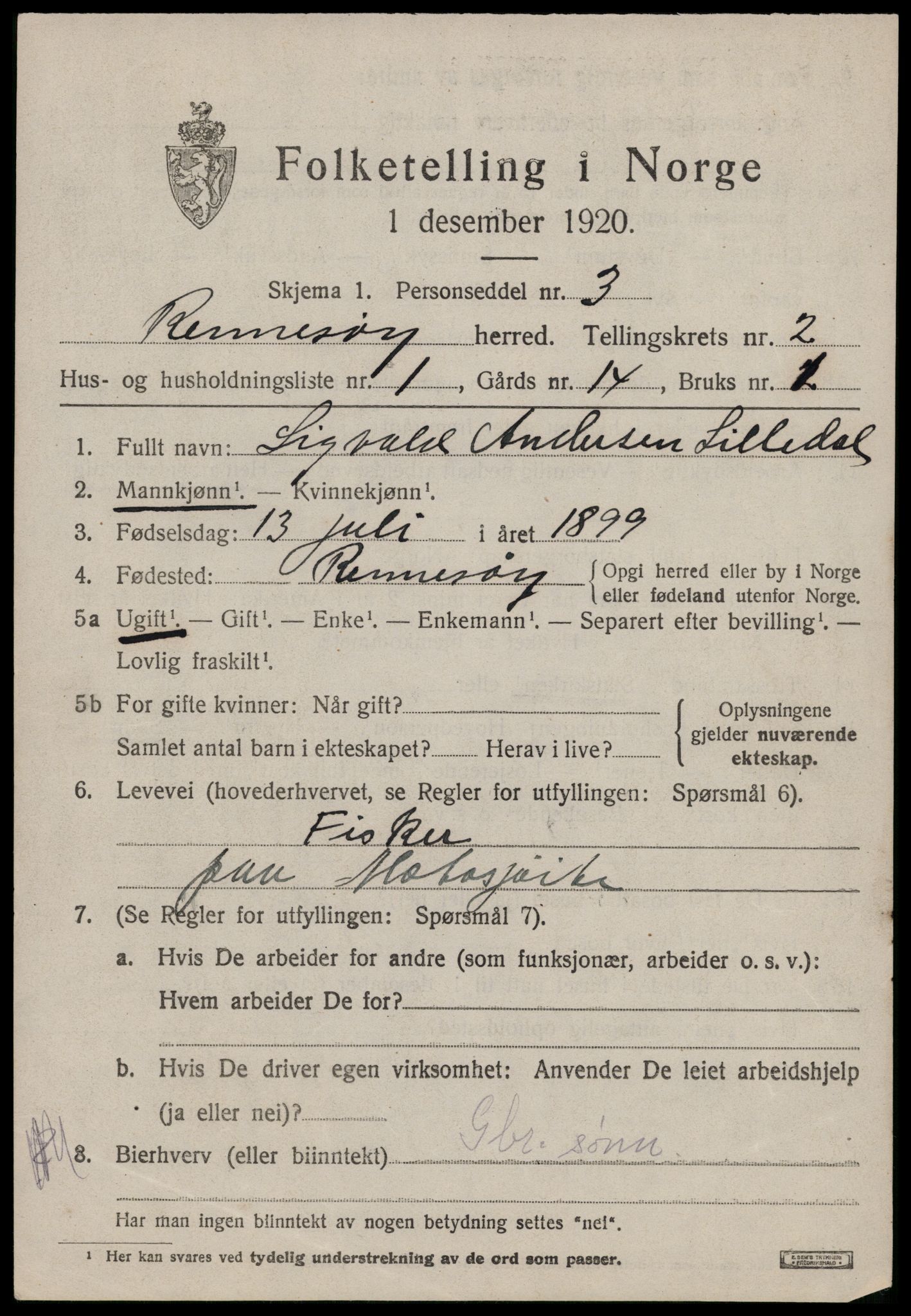 SAST, 1920 census for Rennesøy, 1920, p. 1022