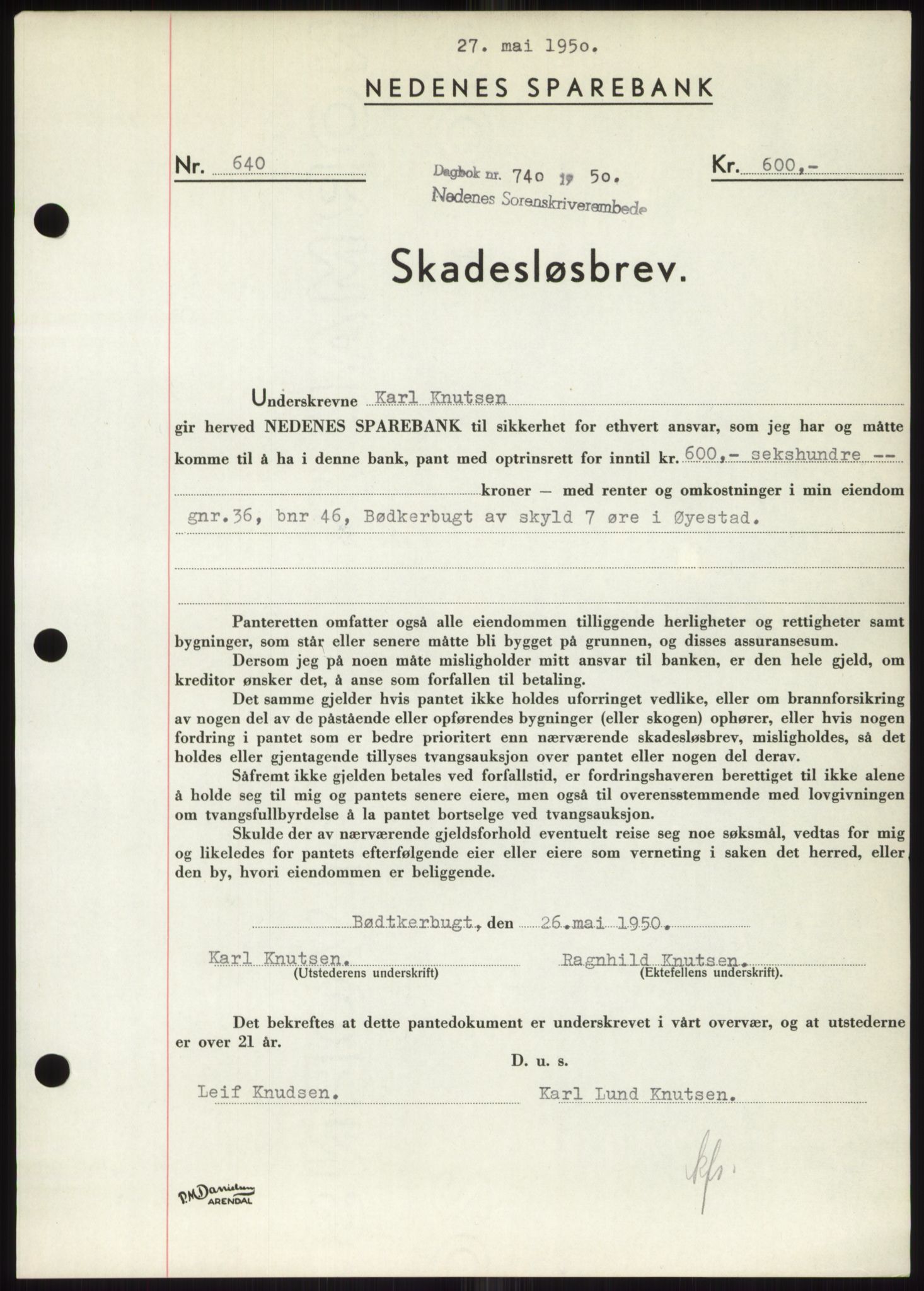 Nedenes sorenskriveri, AV/SAK-1221-0006/G/Gb/Gbb/L0007: Mortgage book no. B7, 1949-1950, Diary no: : 740/1950