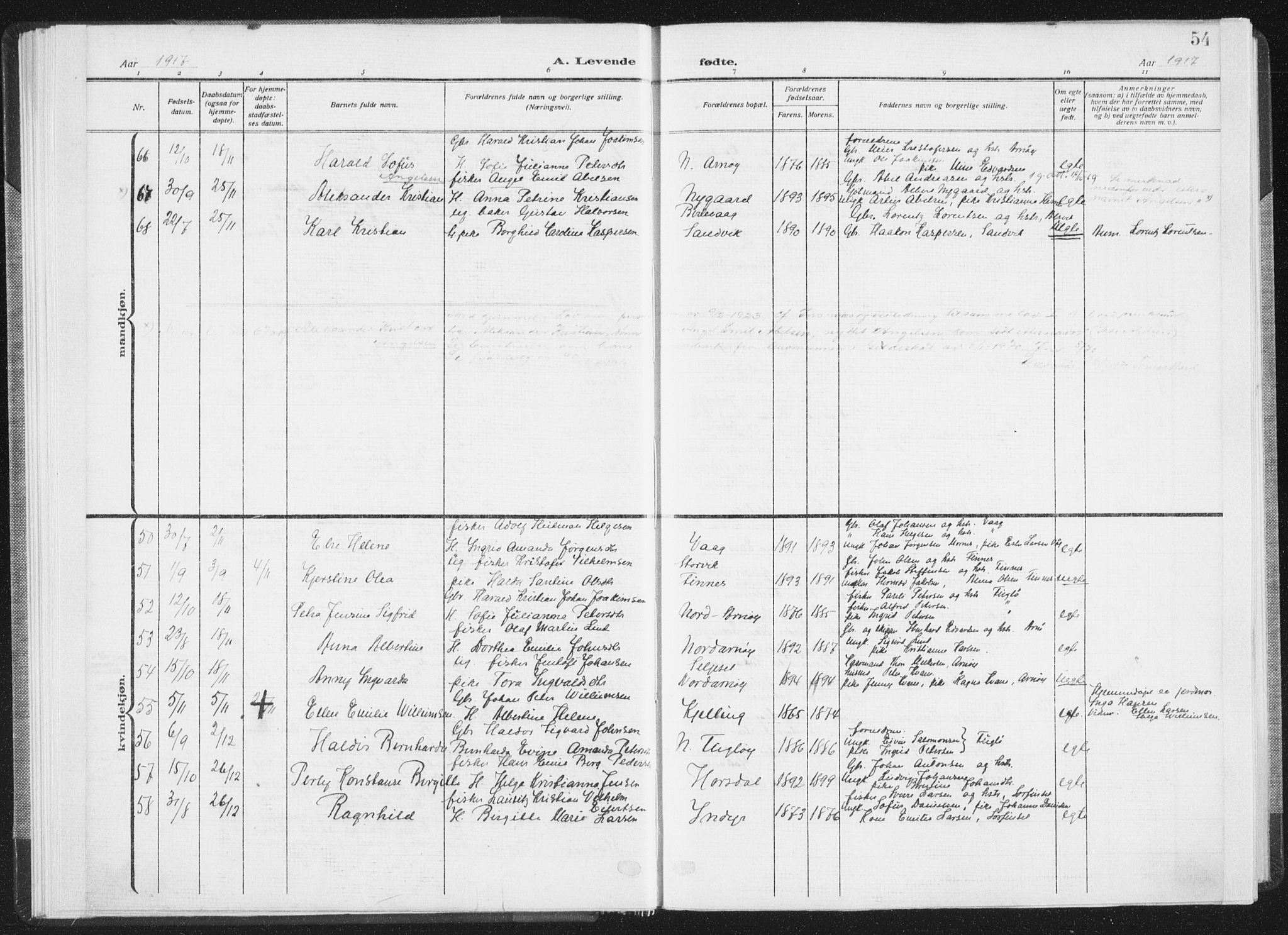 Ministerialprotokoller, klokkerbøker og fødselsregistre - Nordland, SAT/A-1459/805/L0104: Parish register (official) no. 805A09, 1909-1926, p. 54