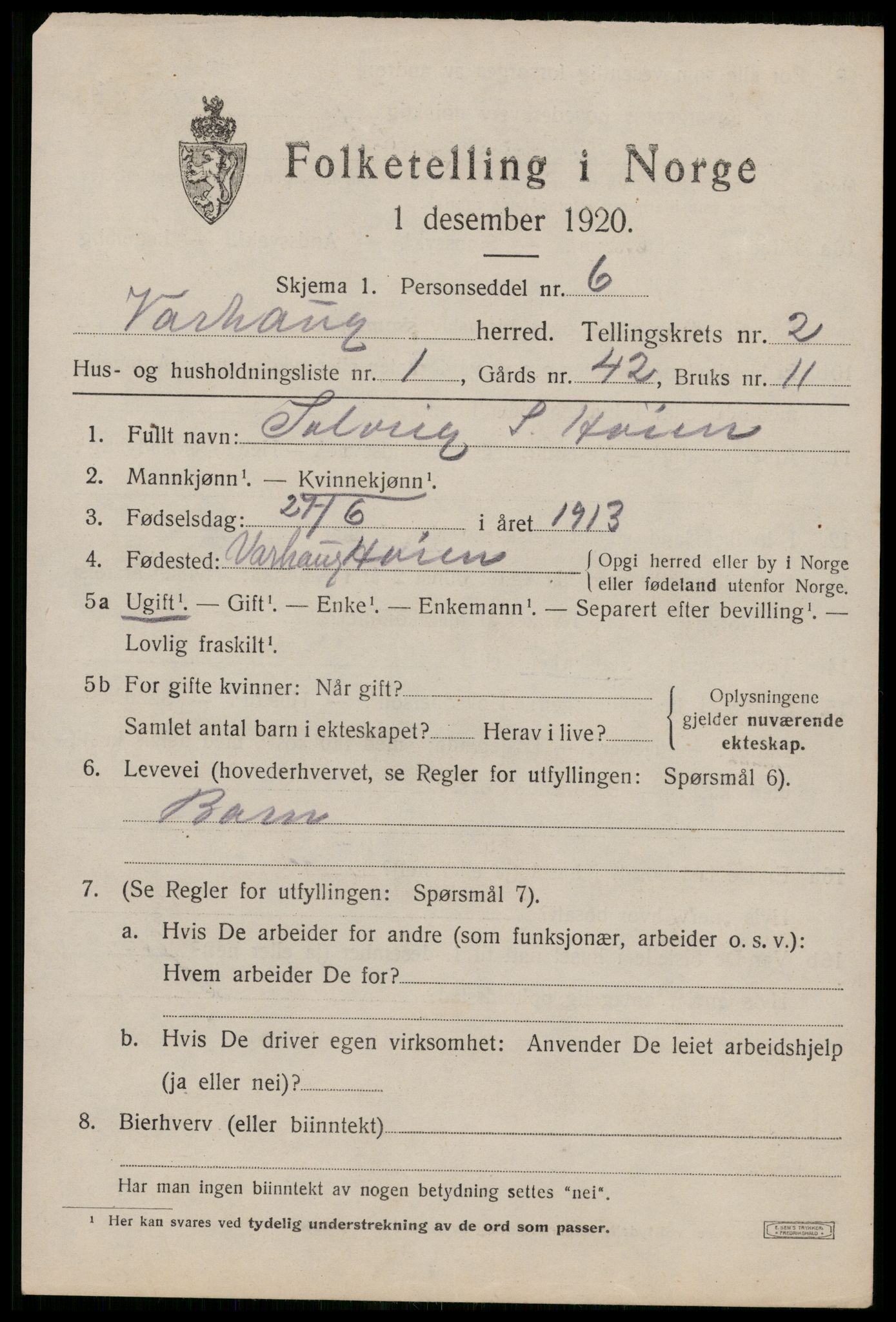 SAST, 1920 census for Varhaug, 1920, p. 1997