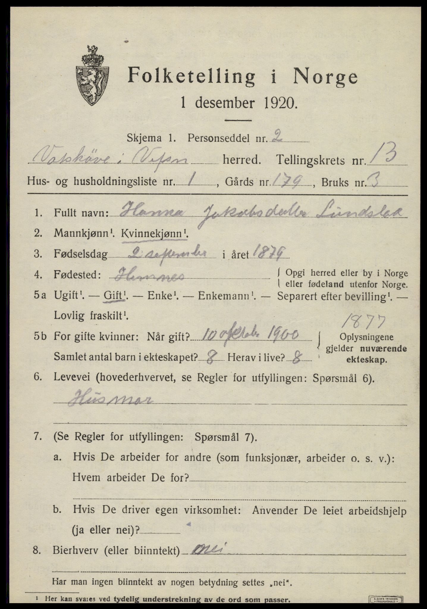 SAT, 1920 census for Vefsn, 1920, p. 10153