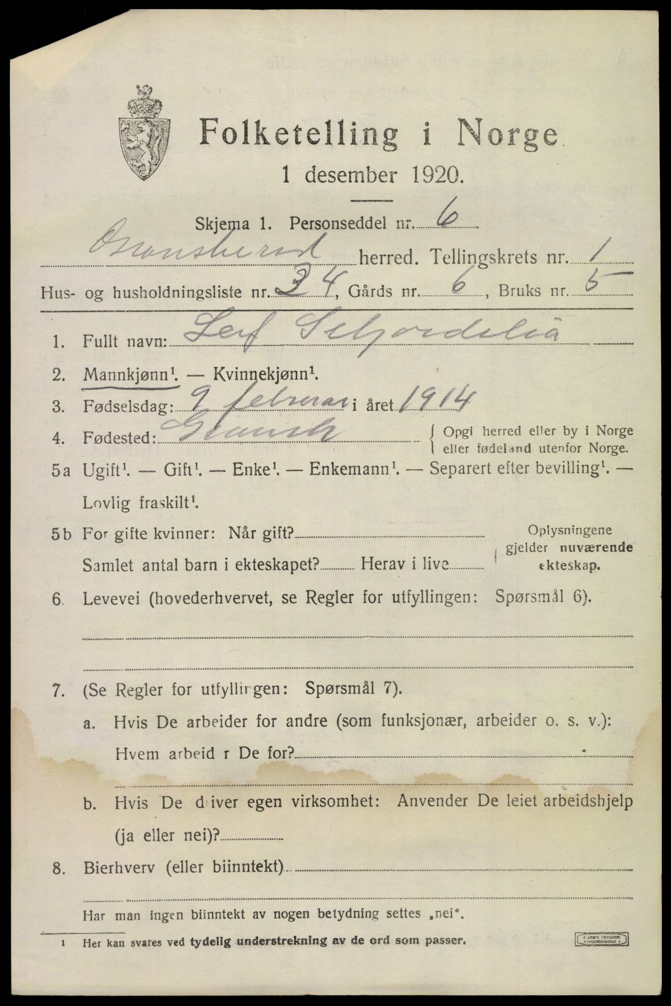 SAKO, 1920 census for Gransherad, 1920, p. 962