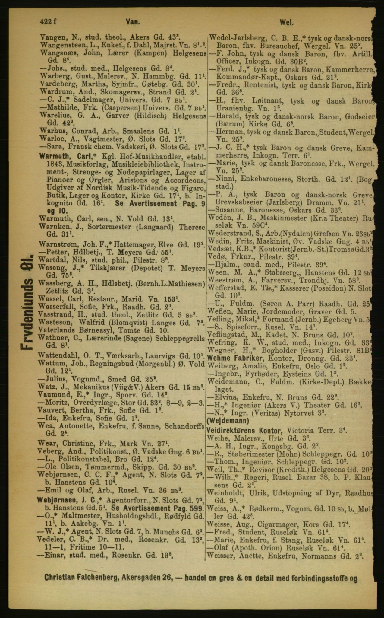 Kristiania/Oslo adressebok, PUBL/-, 1889, p. 422f