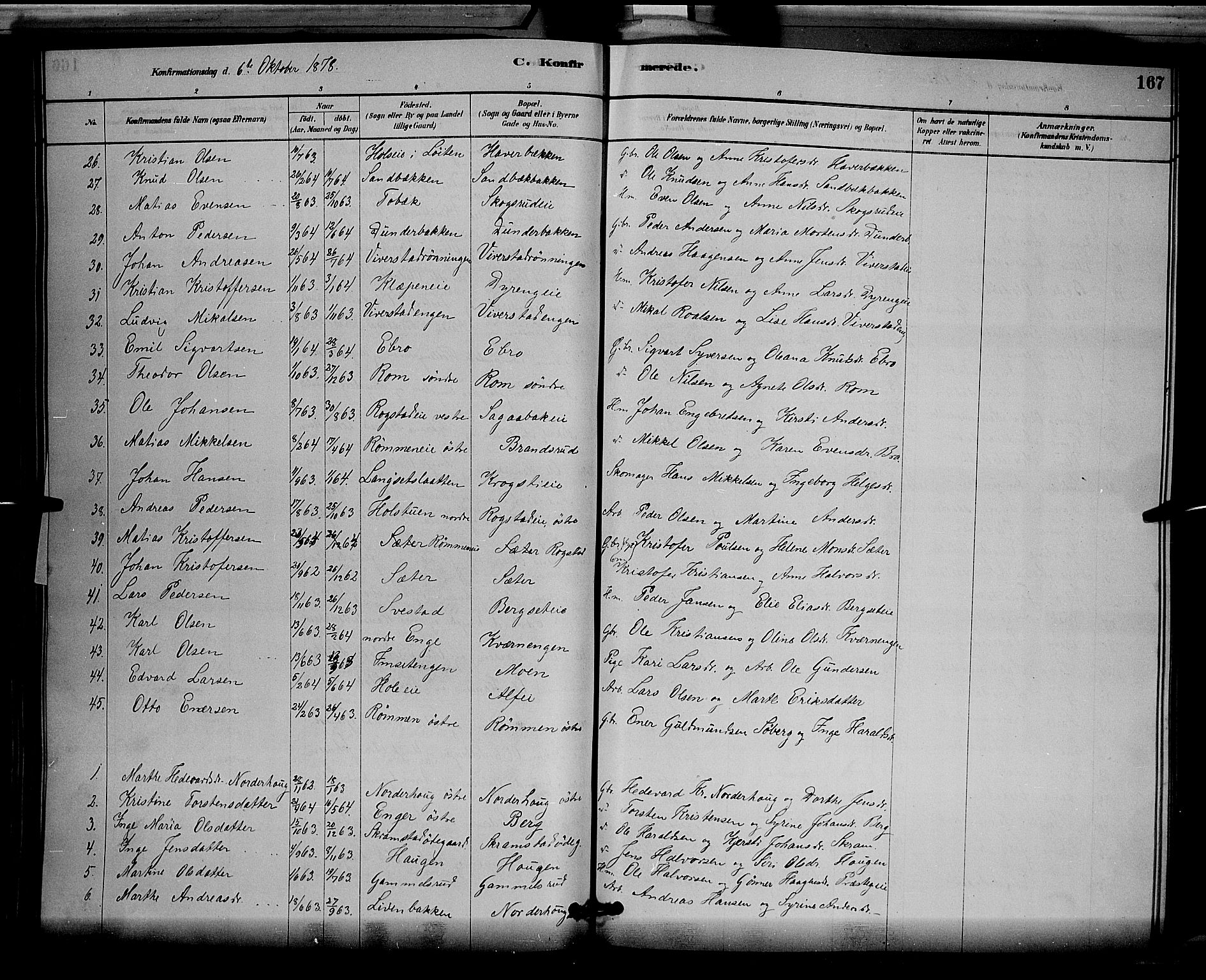 Løten prestekontor, SAH/PREST-022/L/La/L0005: Parish register (copy) no. 5, 1878-1891, p. 167