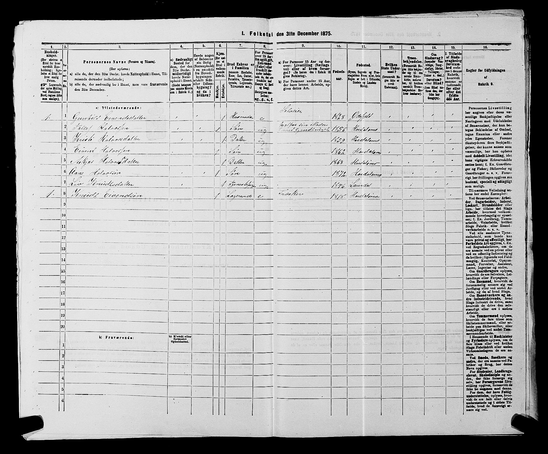 SAKO, 1875 census for 0833P Lårdal, 1875, p. 500