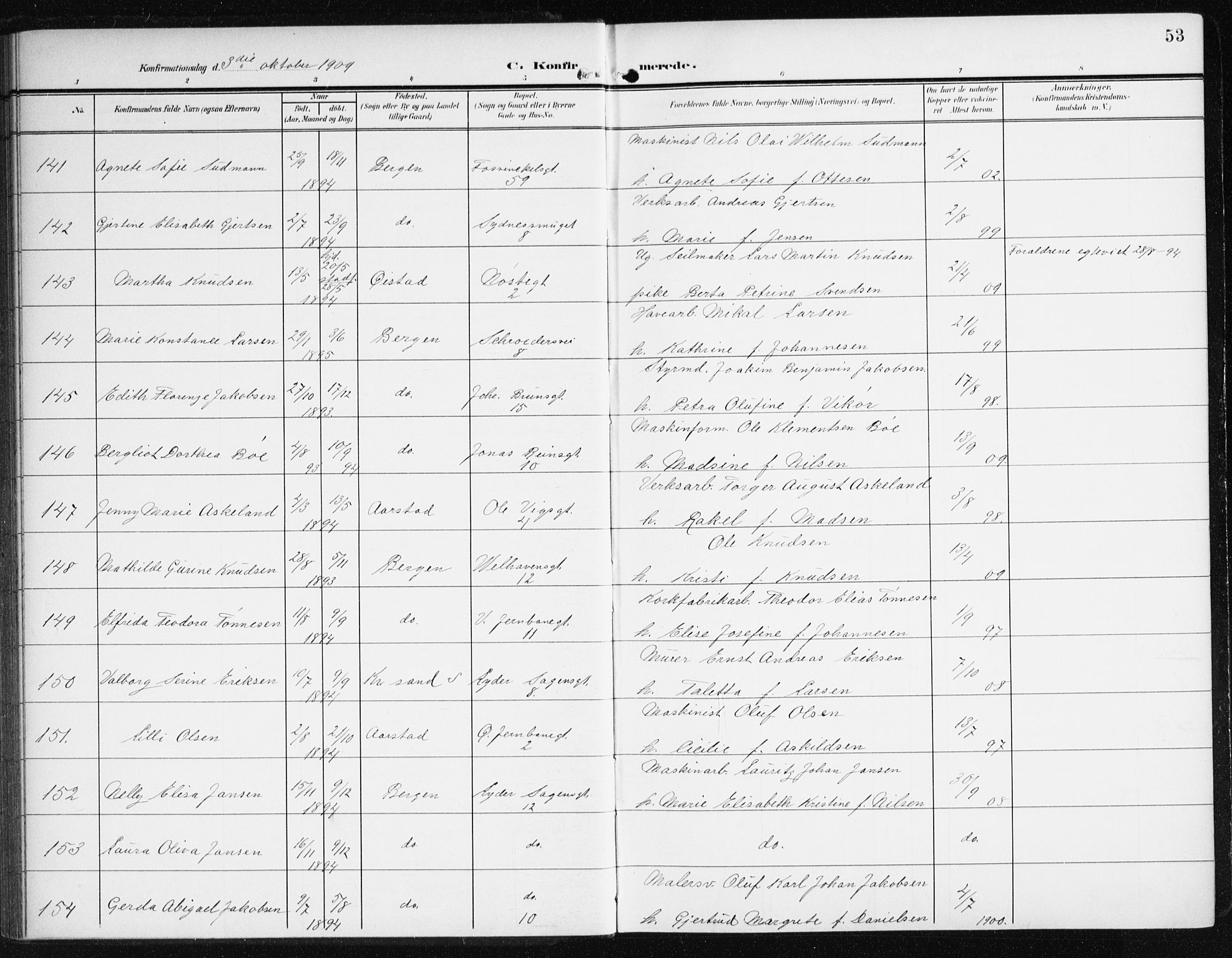 Johanneskirken sokneprestembete, AV/SAB-A-76001/H/Haa/L0009: Parish register (official) no. C 2, 1907-1924, p. 53