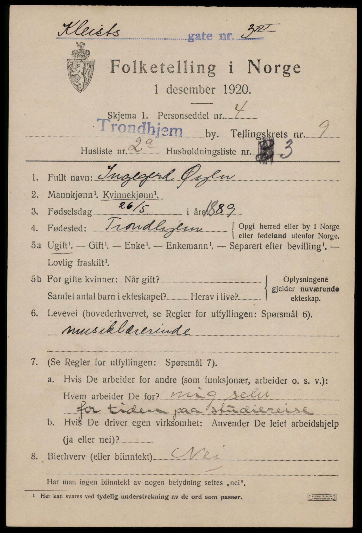 SAT, 1920 census for Trondheim, 1920, p. 43878