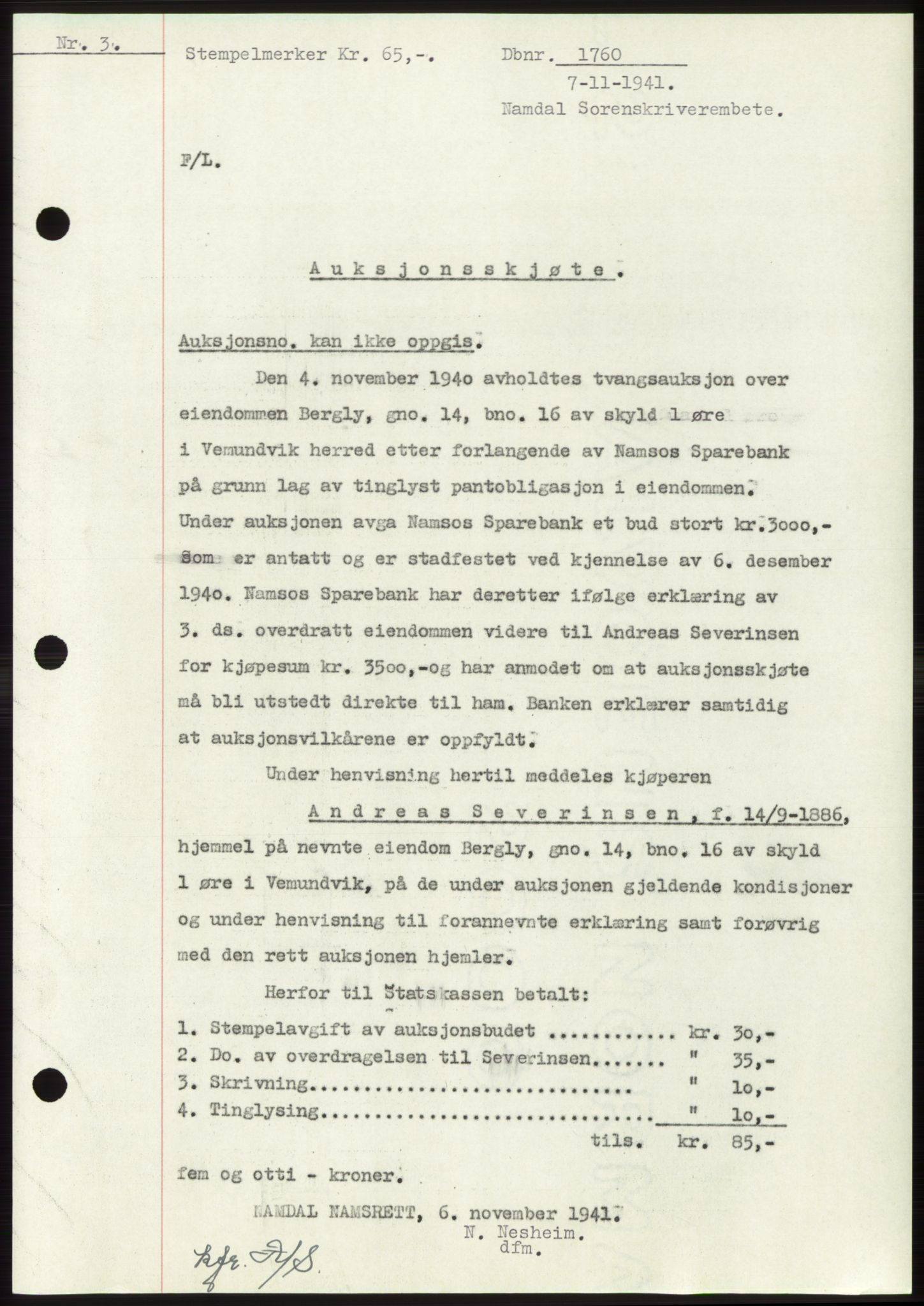 Namdal sorenskriveri, SAT/A-4133/1/2/2C: Mortgage book no. -, 1941-1942, Diary no: : 1760/1941