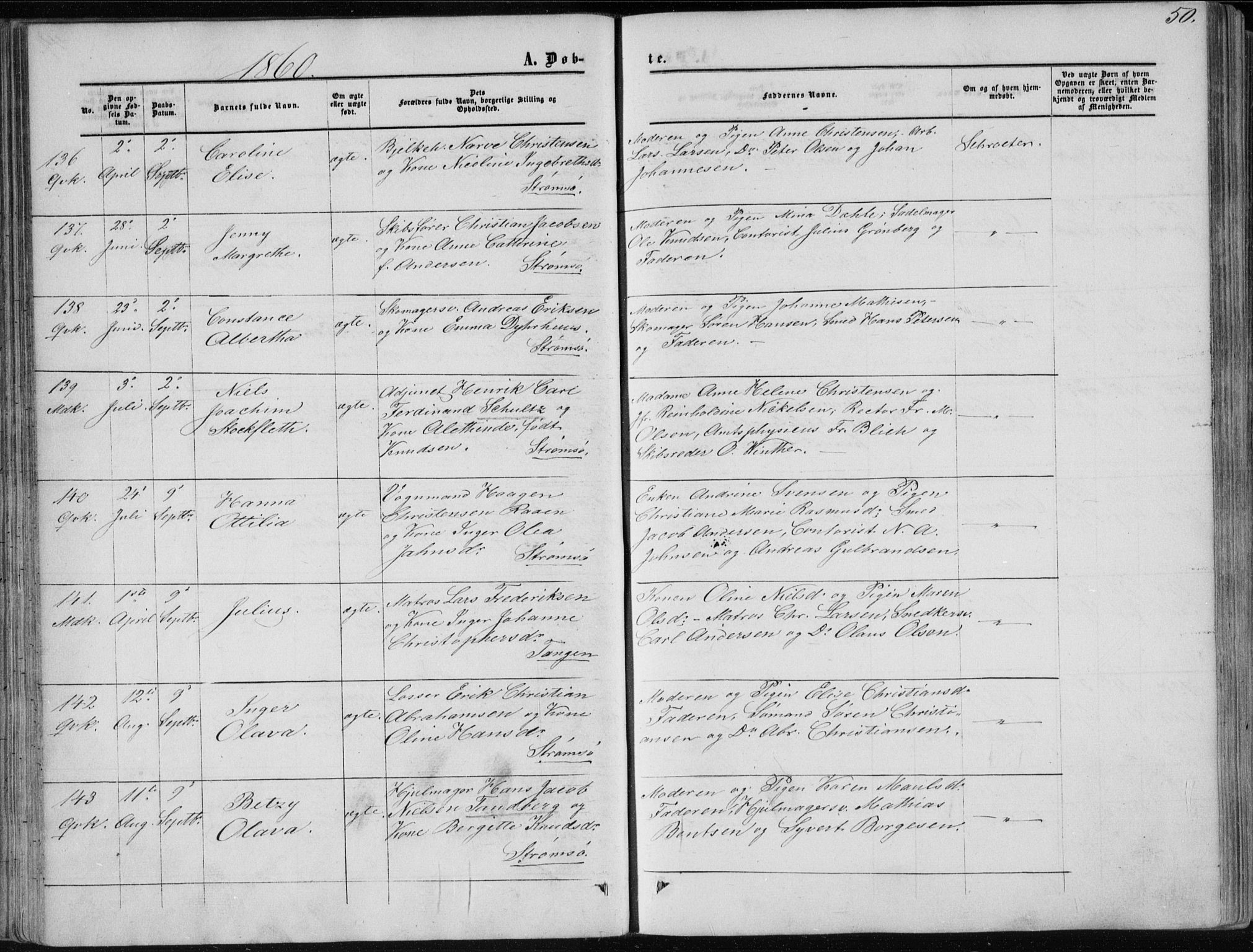 Strømsø kirkebøker, AV/SAKO-A-246/F/Fa/L0015: Parish register (official) no. I 15, 1859-1868, p. 50