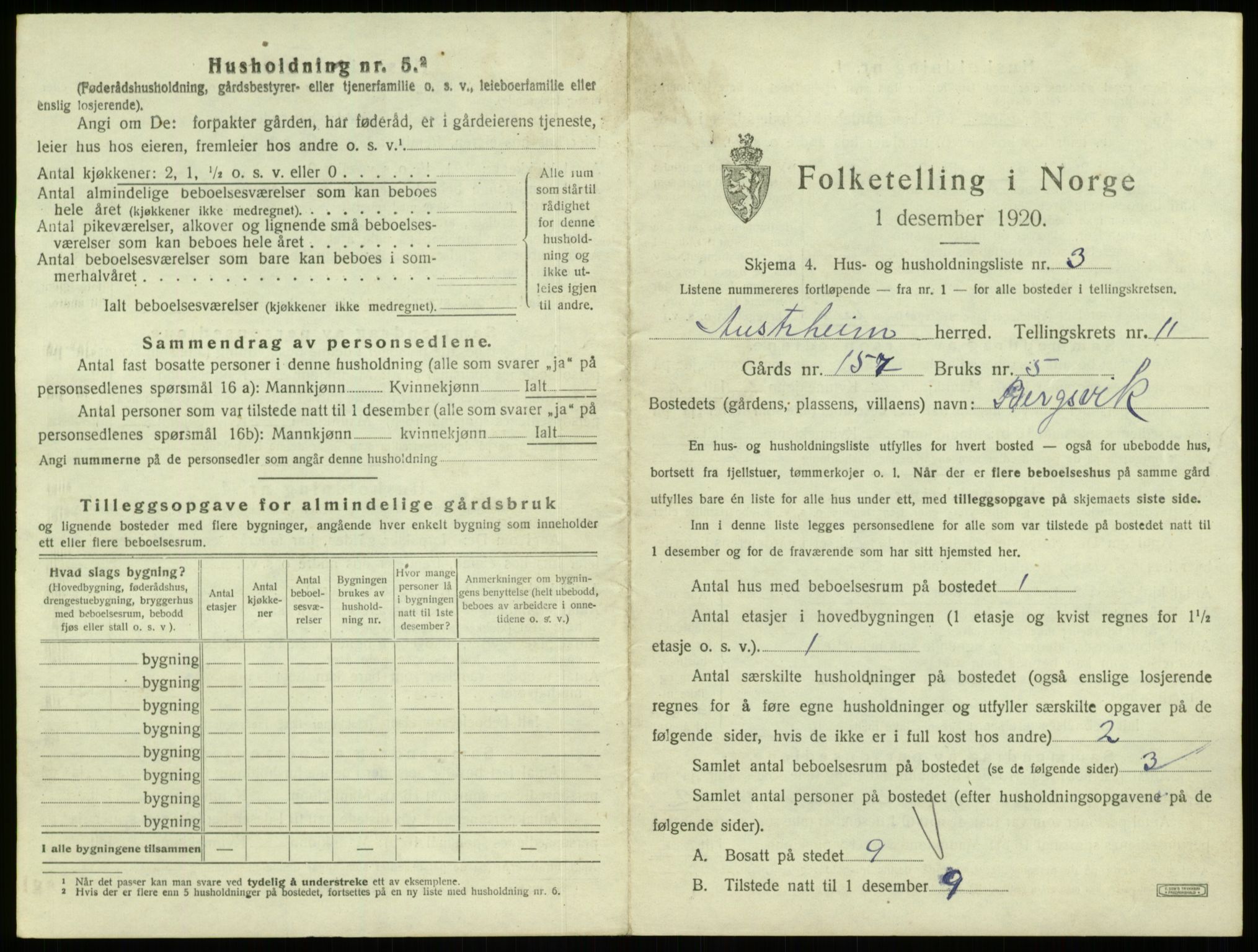 SAB, 1920 census for Austrheim, 1920, p. 535