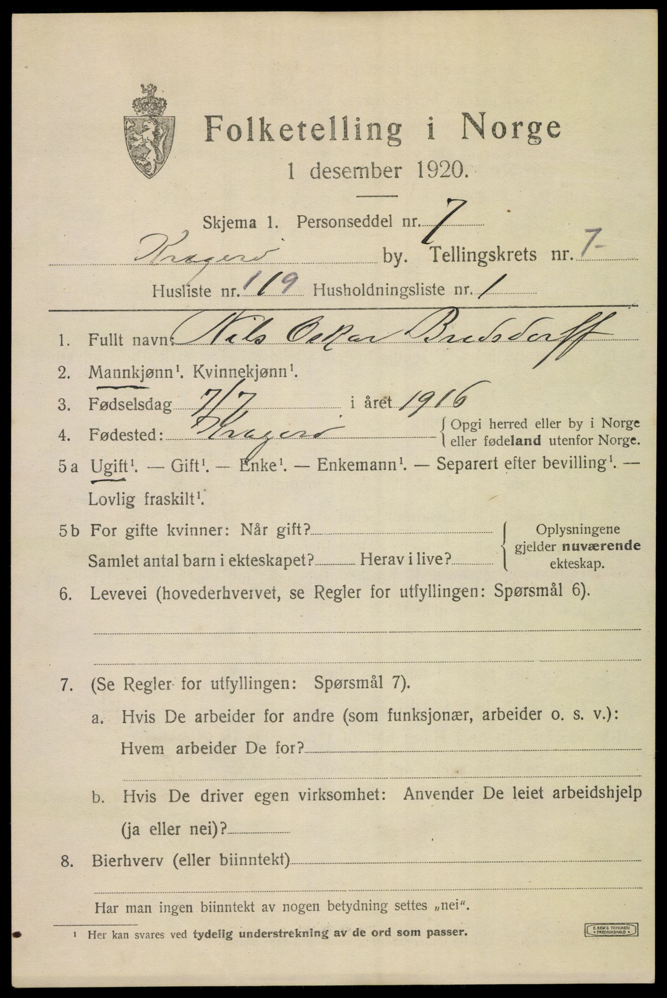 SAKO, 1920 census for Kragerø, 1920, p. 11071