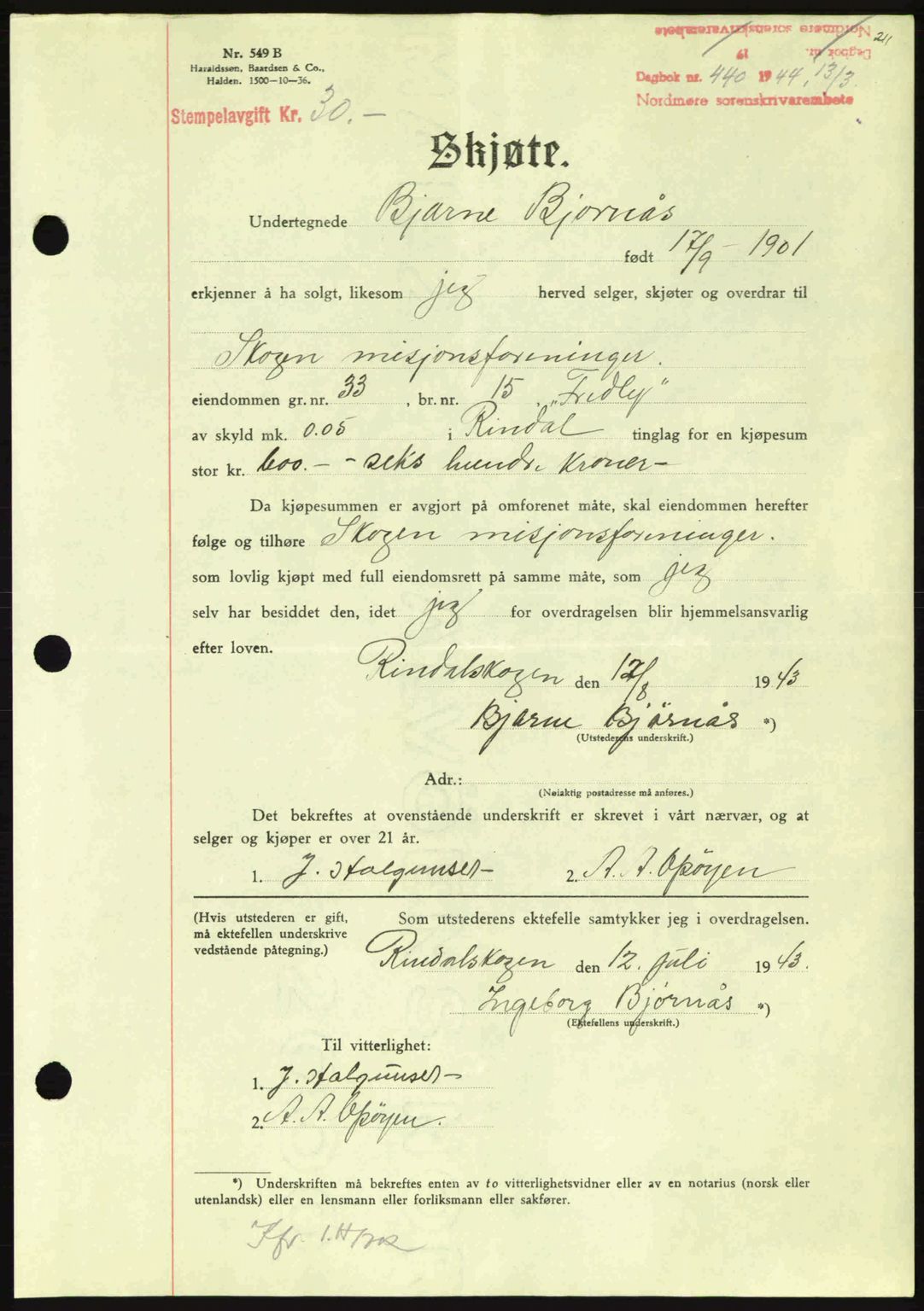 Nordmøre sorenskriveri, AV/SAT-A-4132/1/2/2Ca: Mortgage book no. A97, 1944-1944, Diary no: : 440/1944