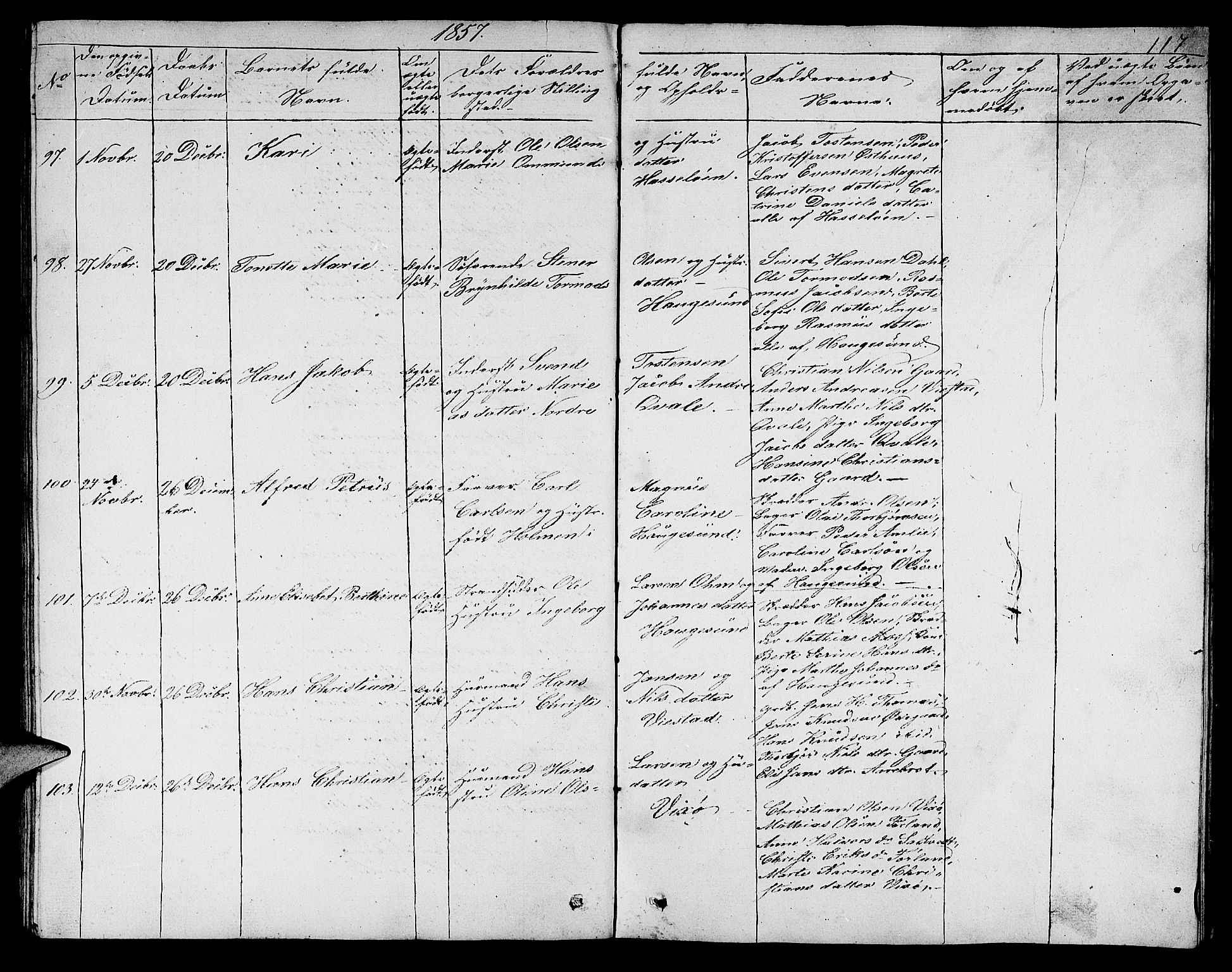 Torvastad sokneprestkontor, SAST/A -101857/H/Ha/Hab/L0004: Parish register (copy) no. B 4, 1850-1864, p. 117