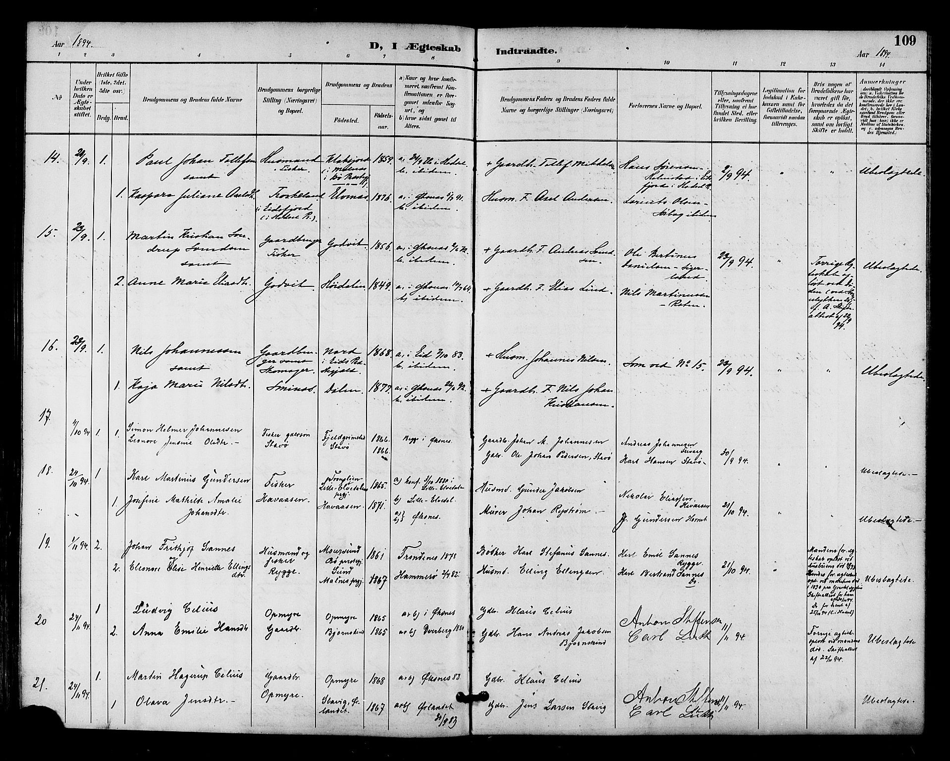 Ministerialprotokoller, klokkerbøker og fødselsregistre - Nordland, AV/SAT-A-1459/893/L1338: Parish register (official) no. 893A10, 1894-1903, p. 109