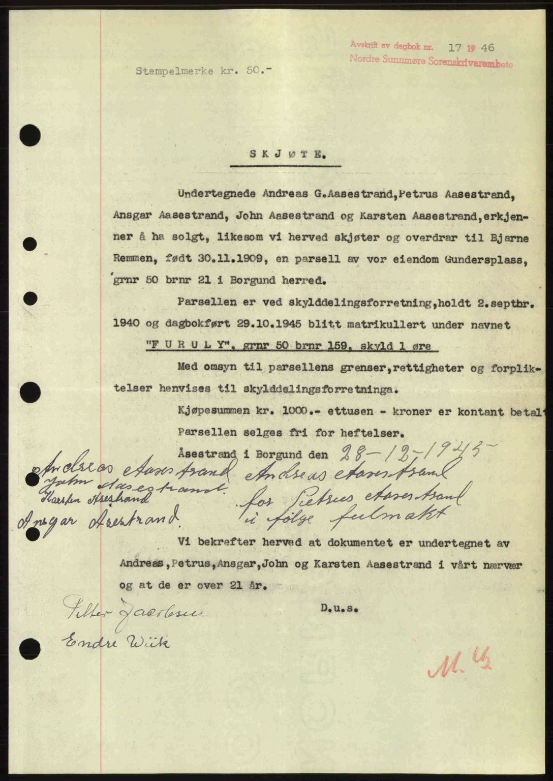 Nordre Sunnmøre sorenskriveri, AV/SAT-A-0006/1/2/2C/2Ca: Mortgage book no. A20b, 1946-1946, Diary no: : 17/1946