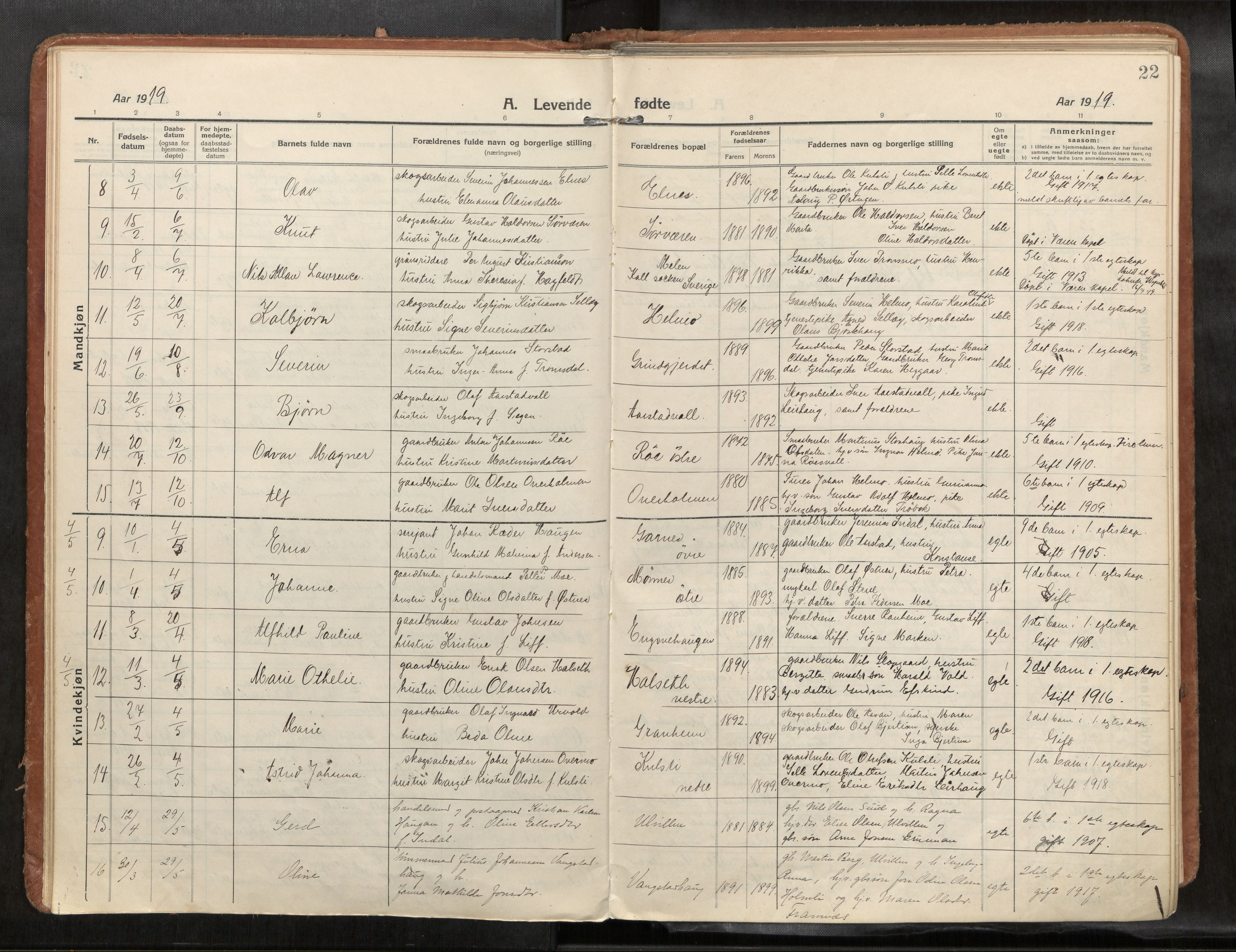 Verdal sokneprestkontor, SAT/A-1156/2/H/Haa/L0004: Parish register (official) no. 4, 1916-1928, p. 22